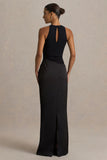 Akari Black Crew Neck Maxi Dress With Satin Skirt