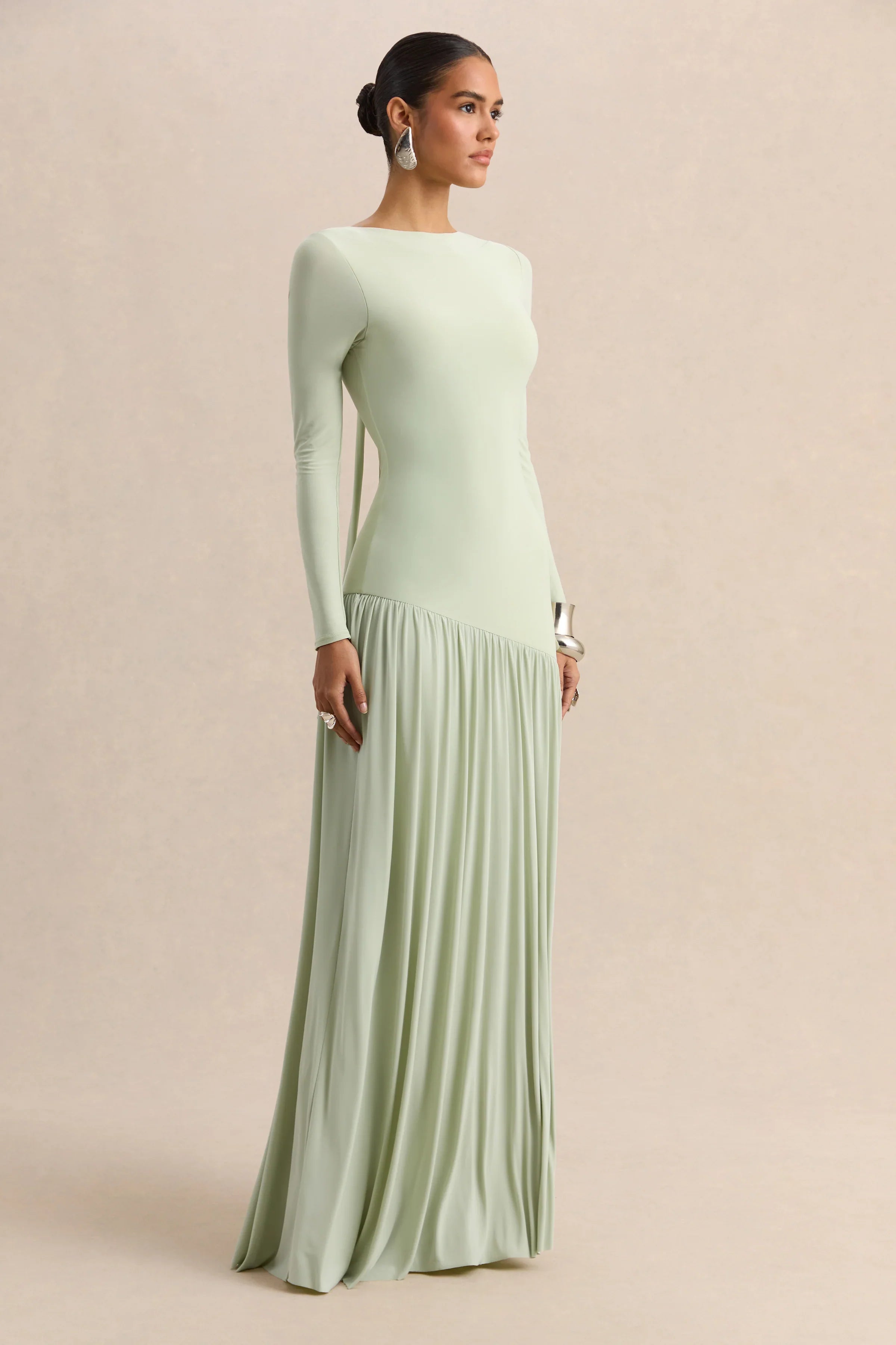 Jasira Mint Crew Neck Maxi Dress With Asymmetric Drop Waist