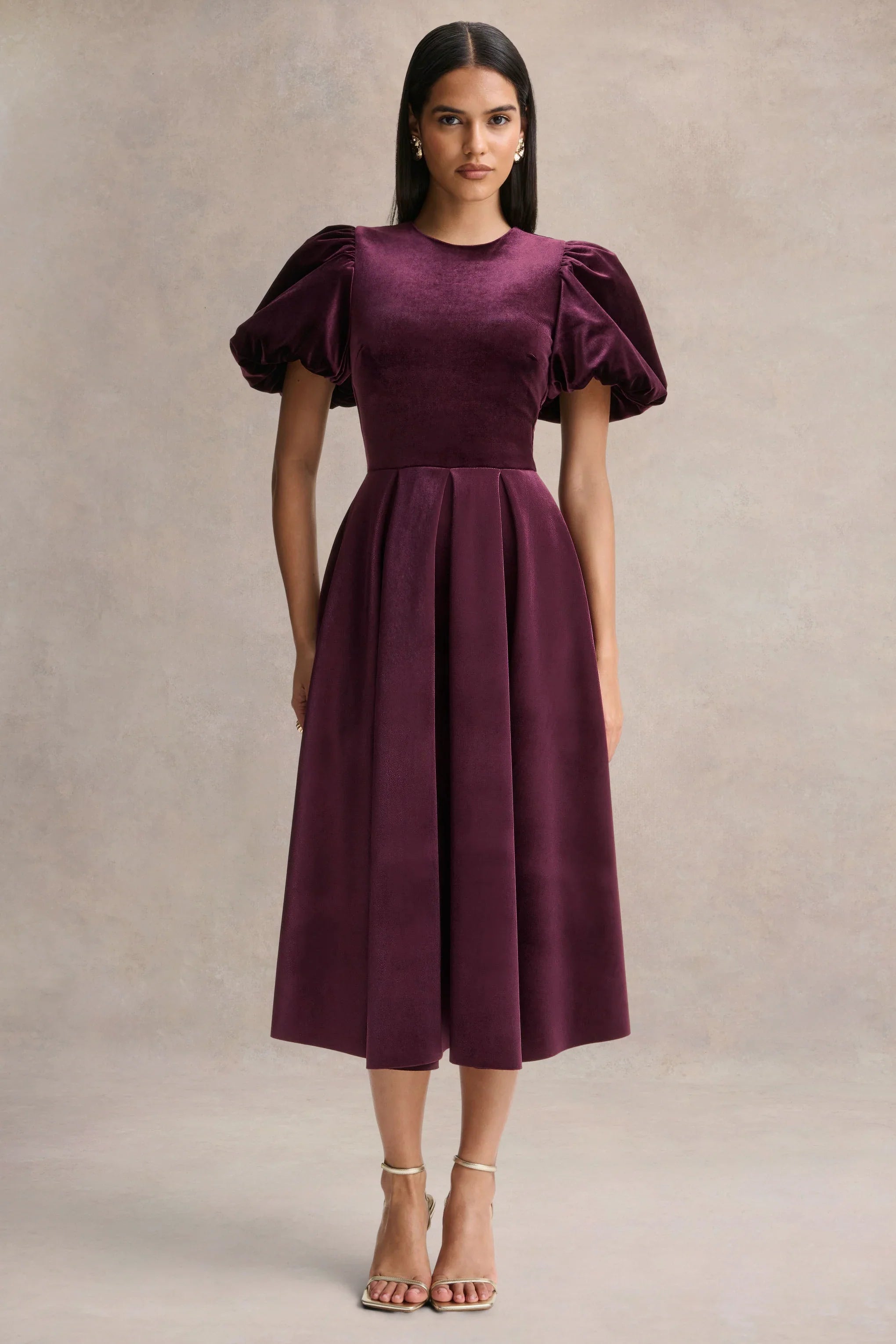 Seraphic Burgundy Velvet Puff Sleeve Midi Dress