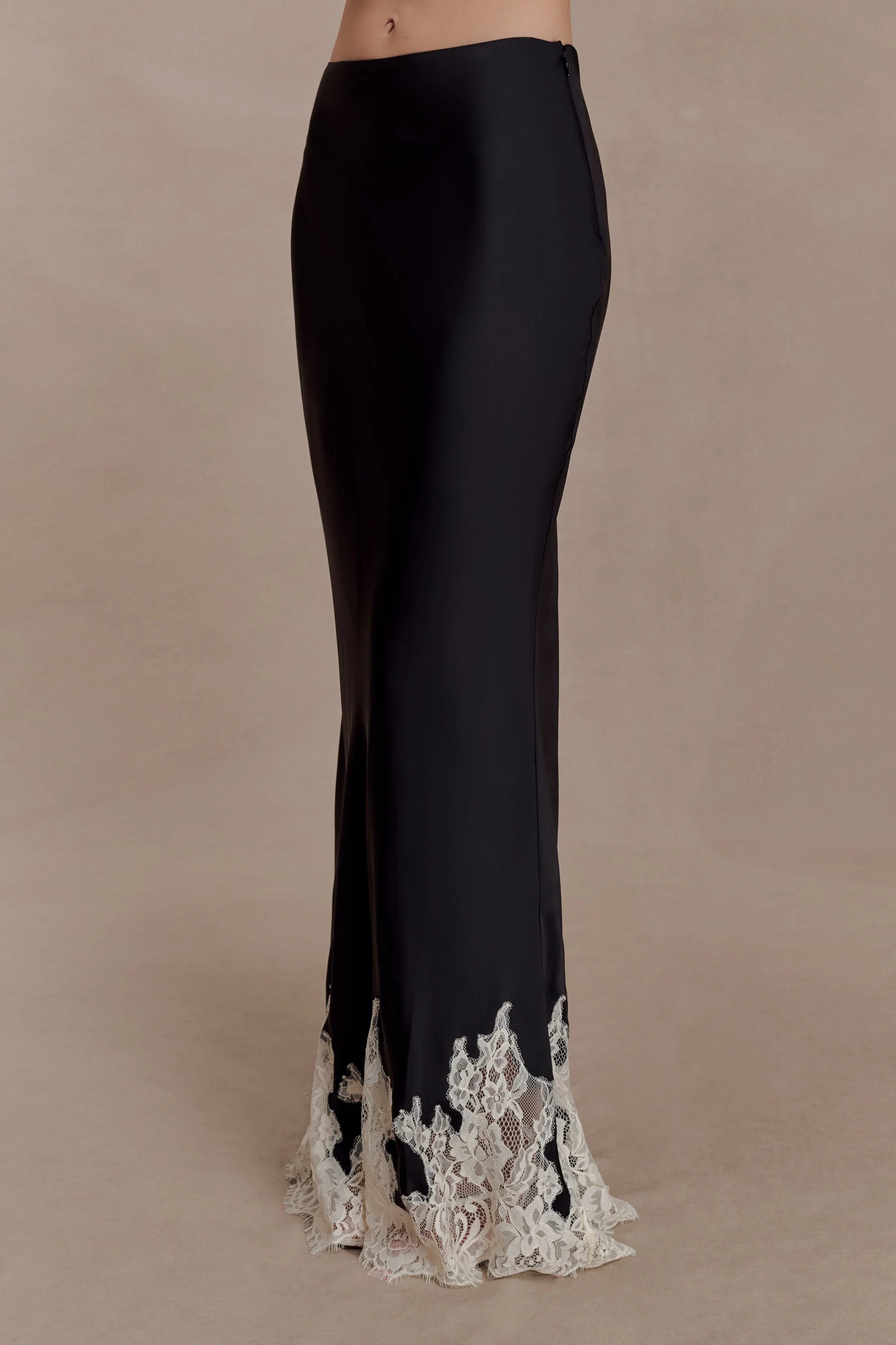Nina Satin And Lace Maxi Skirt Black Ivory