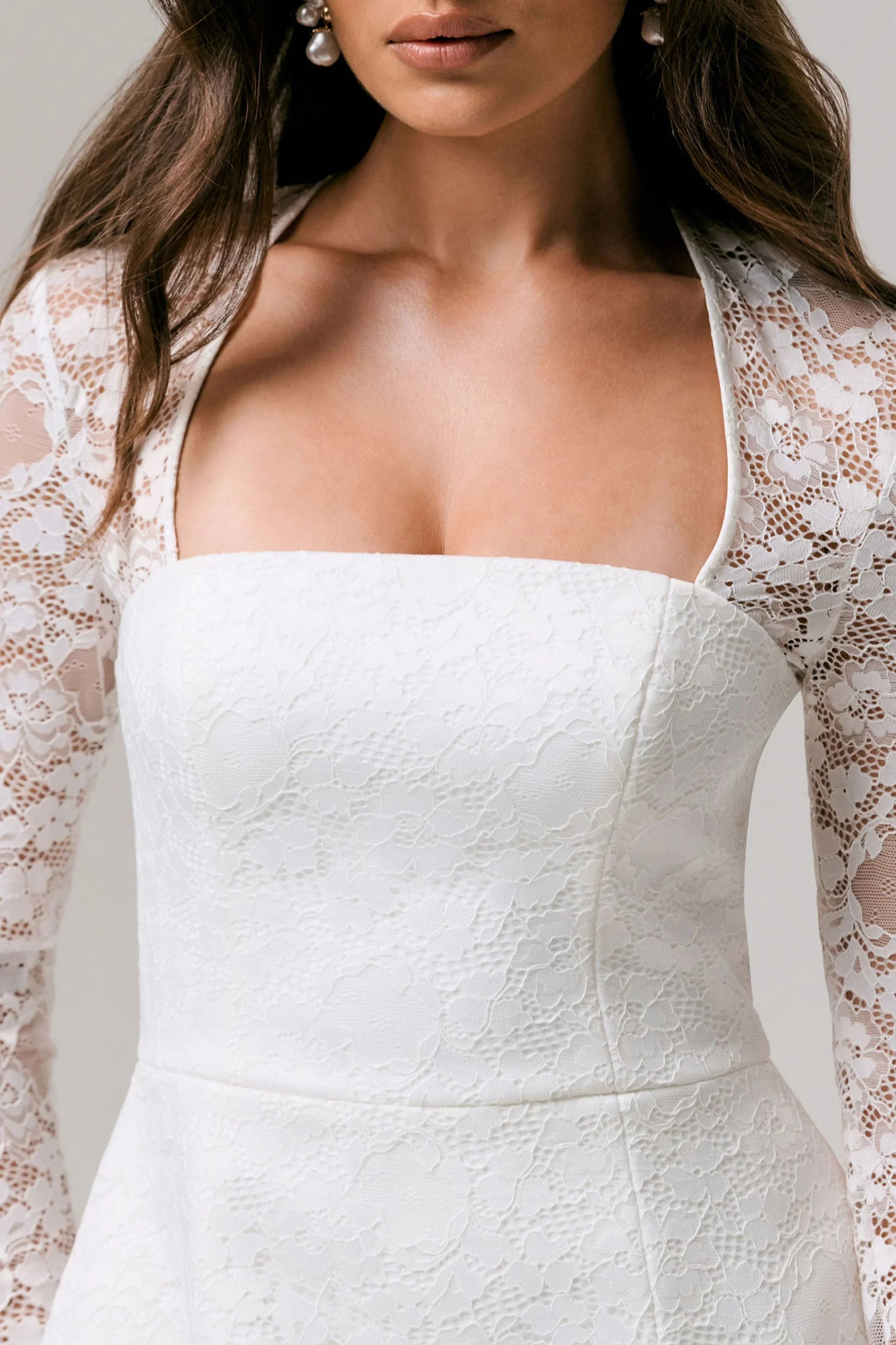 Bijou White Square Neck Lace Long Sleeve Mini Dress
