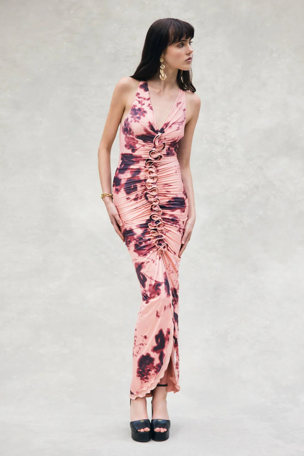 Alessandra Slinky Ruffle Maxi Dress Pink Blurred Floral Print