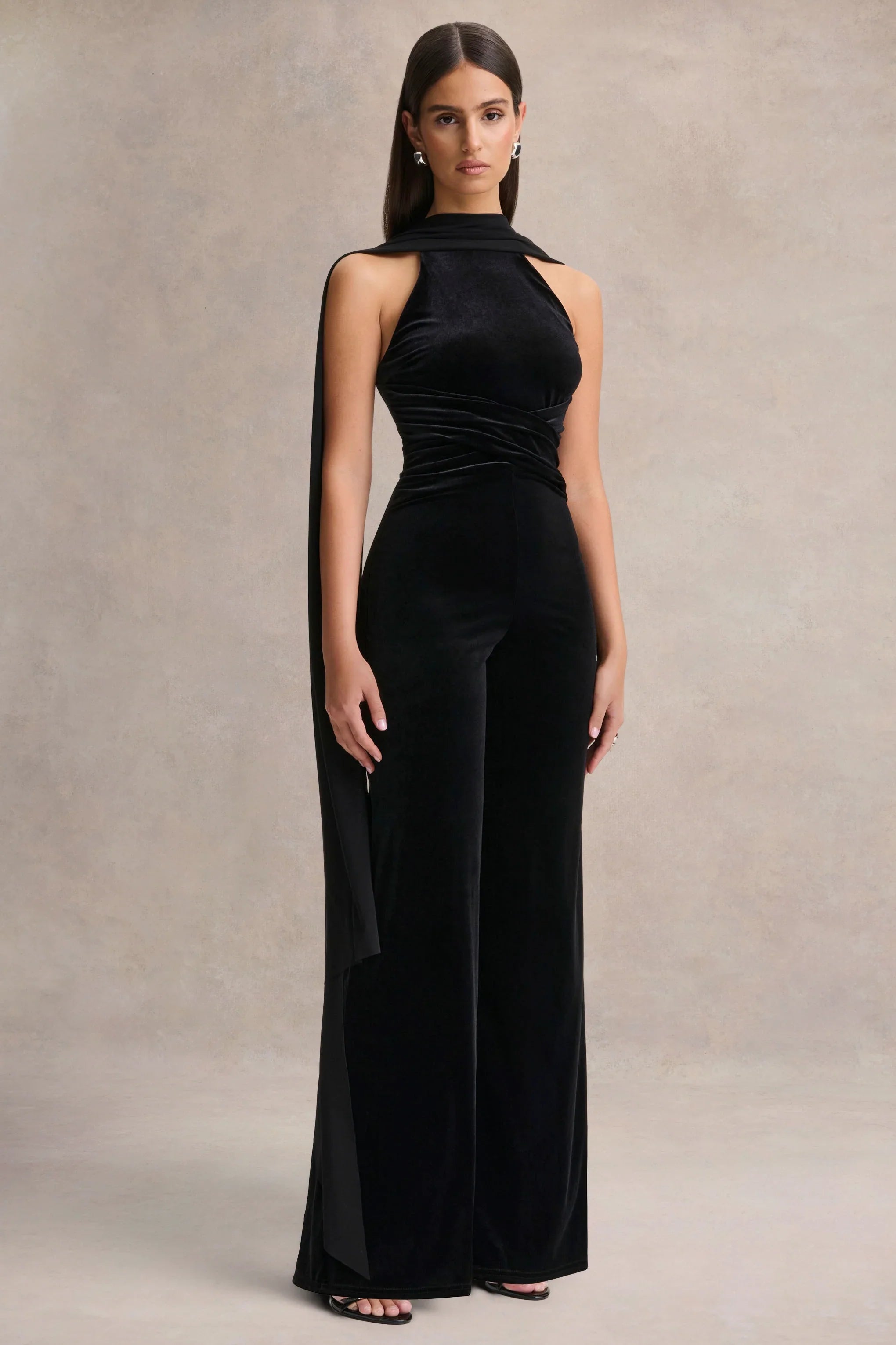 Madalina Black High Neck Jumpsuit With Scarf Detail