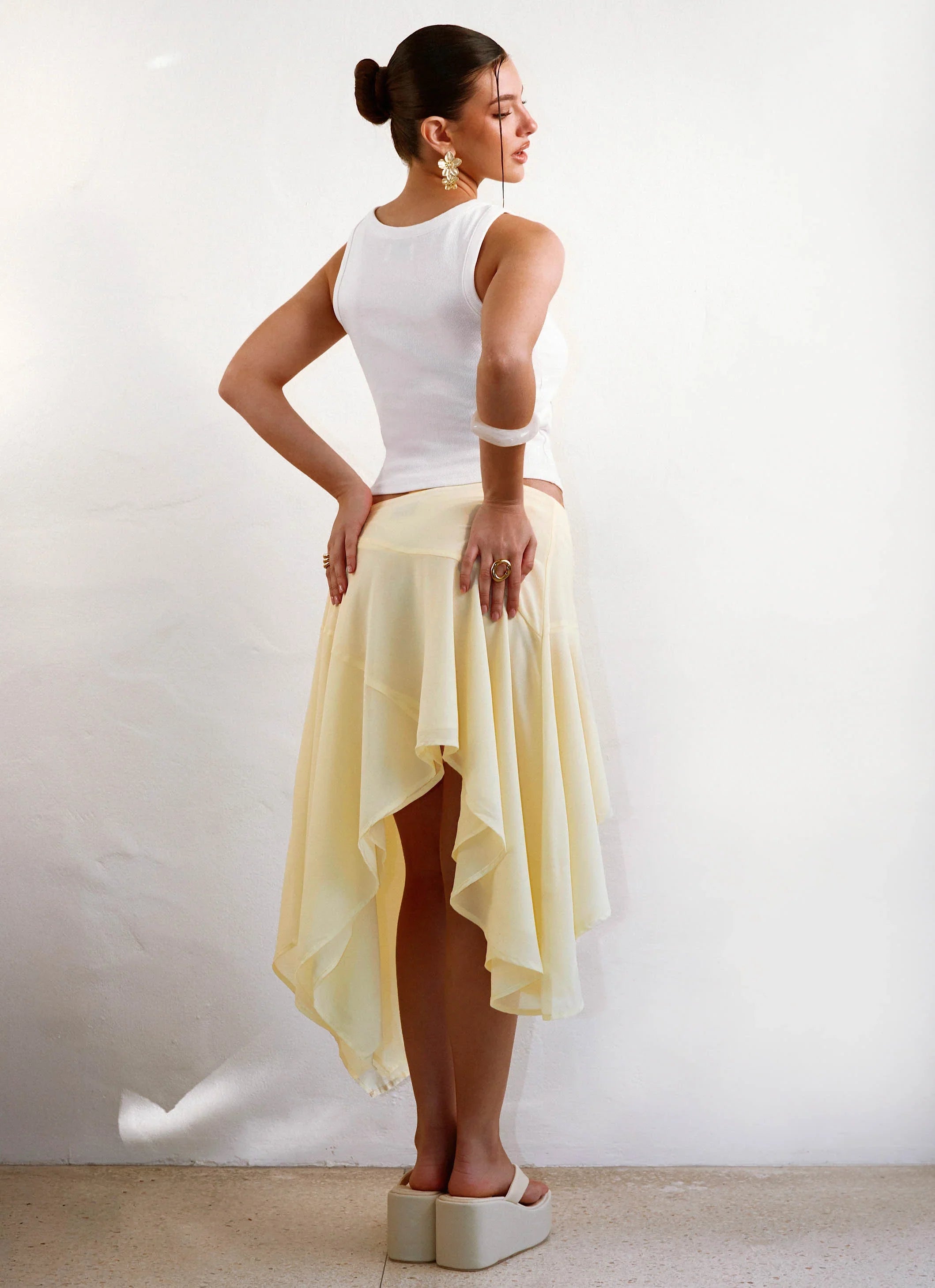 Kia Low Rise Asymmetrical Midi Skirt Yellow