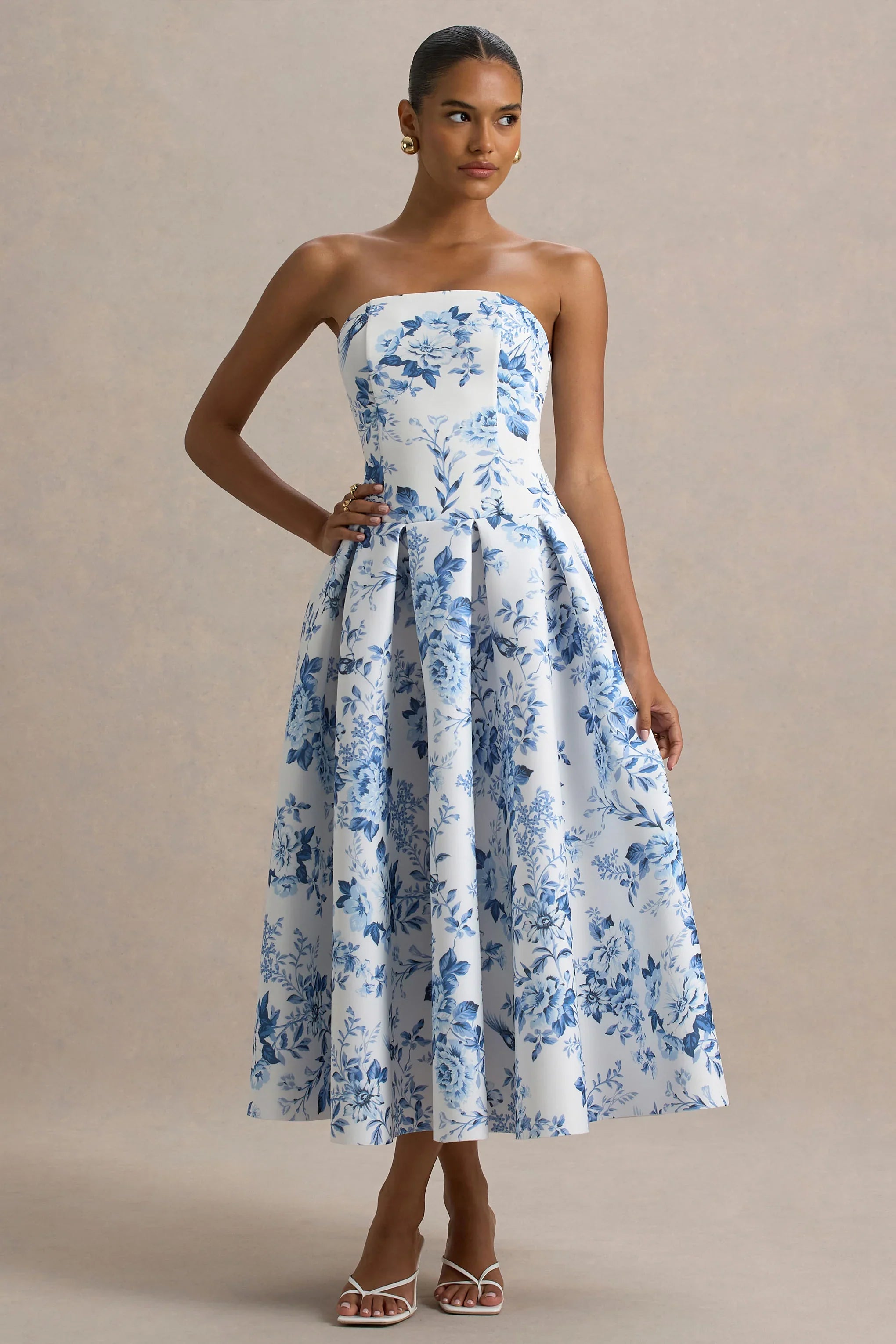 Alaina Blue Porcelain Print Bandeau Midi Dress With Volume Skirt