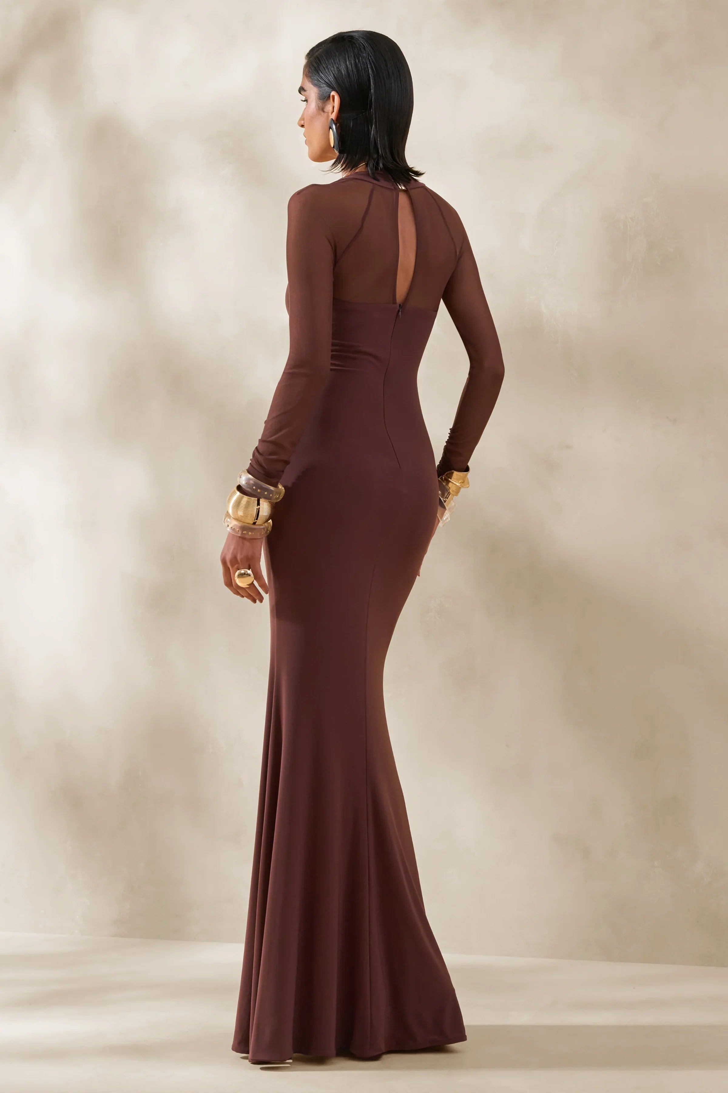 Renalia Brown Square Neck Maxi Dress With Mesh Long Sleeves