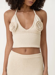 Cream Knit Corsage Halterneck Top