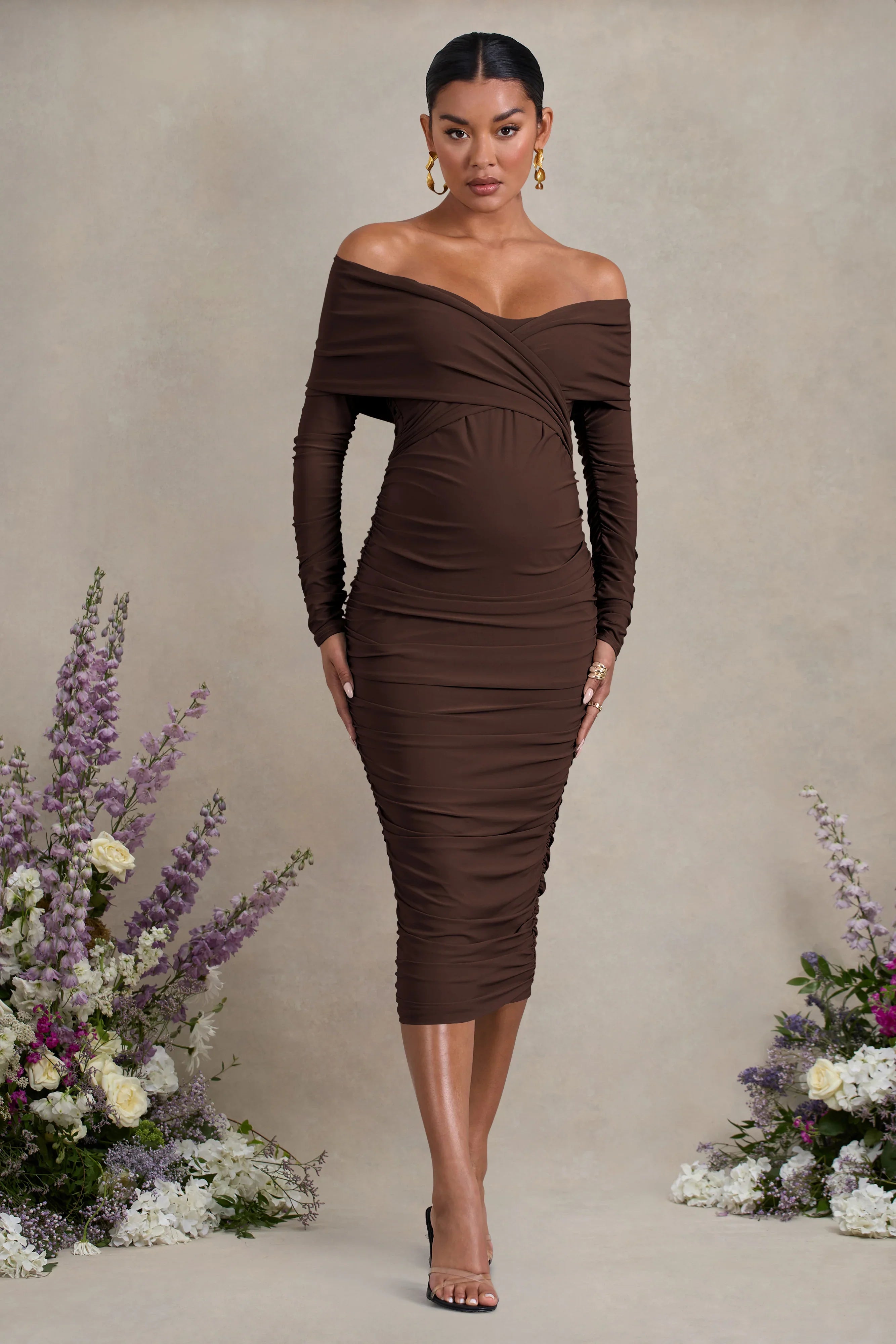 Davina Brown Ruched Twist Bardot Maternity Midi Dress