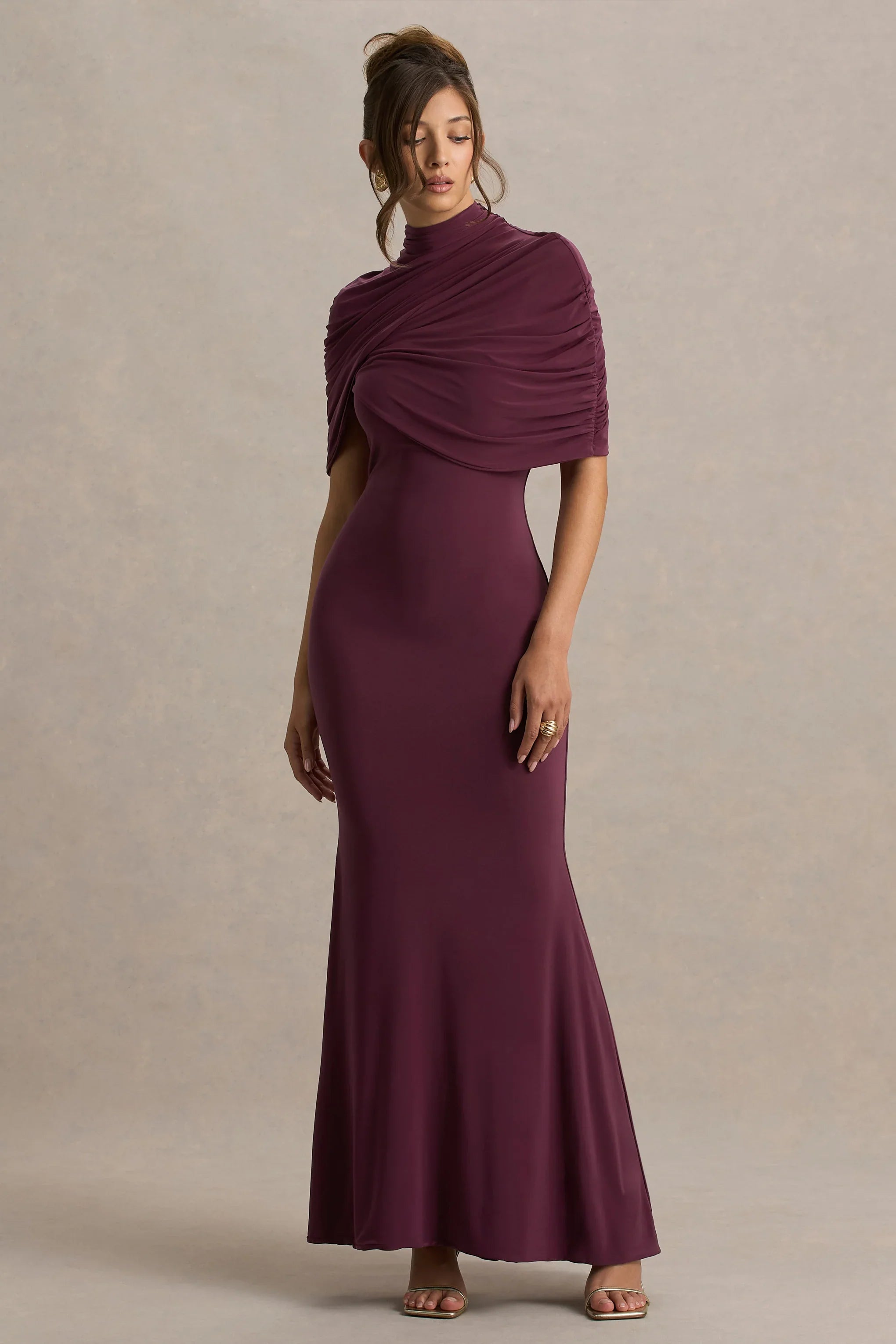 Cleora Burgundy Twist Cape Maxi Dress