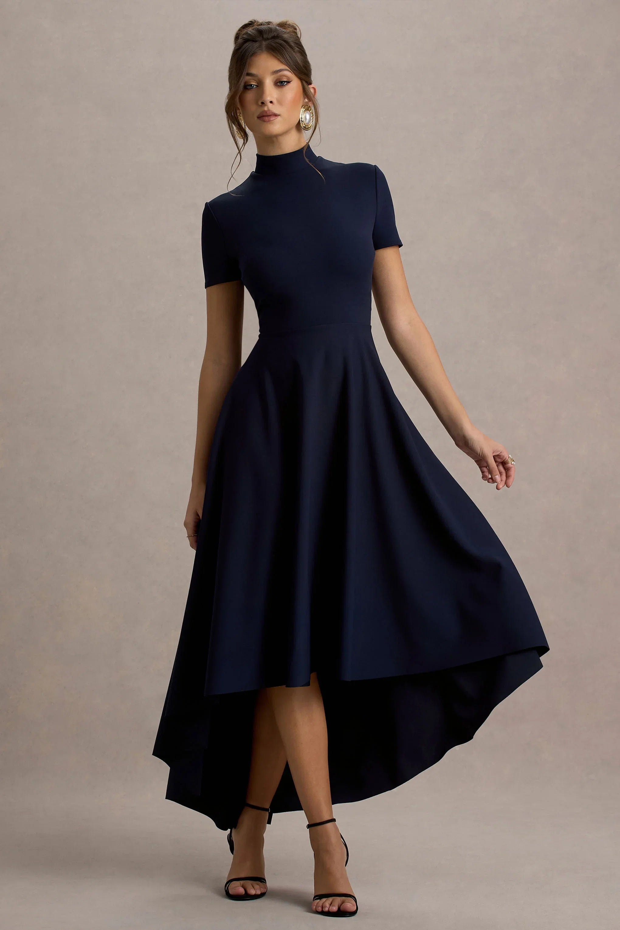 Bellona Navy High Neck High Low Midi Dress