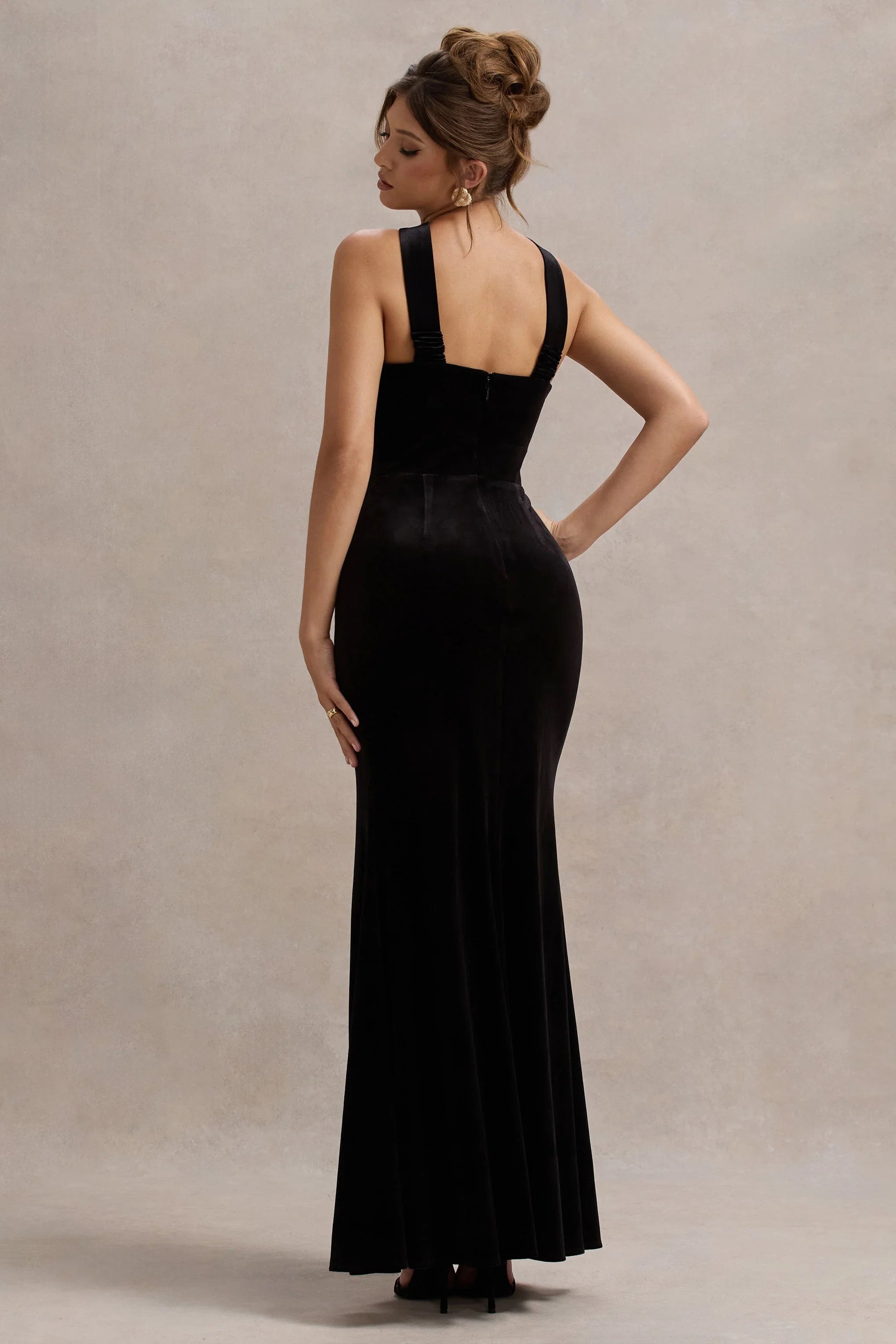 Mystery Black Velvet Plunge Halter Neck Split Maxi Dress With Bow