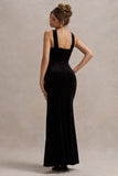 Mystery Black Velvet Plunge Halter Neck Split Maxi Dress With Bow