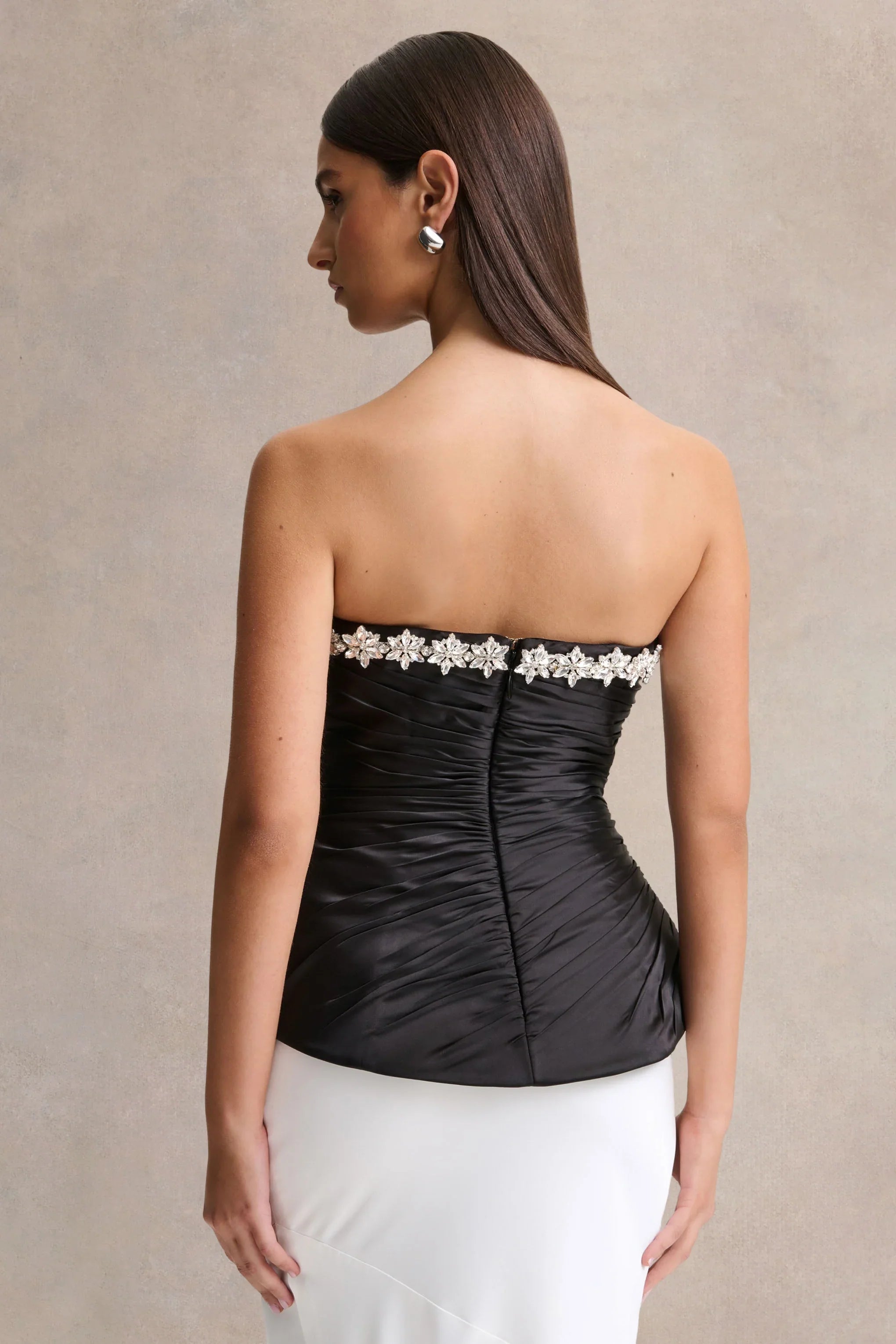 Ambria Black Satin Hand Embellished Sweetheart Neck Corset Top
