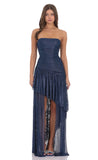 Foil Mesh Asymmetrical High Low Maxi Dress in Navy