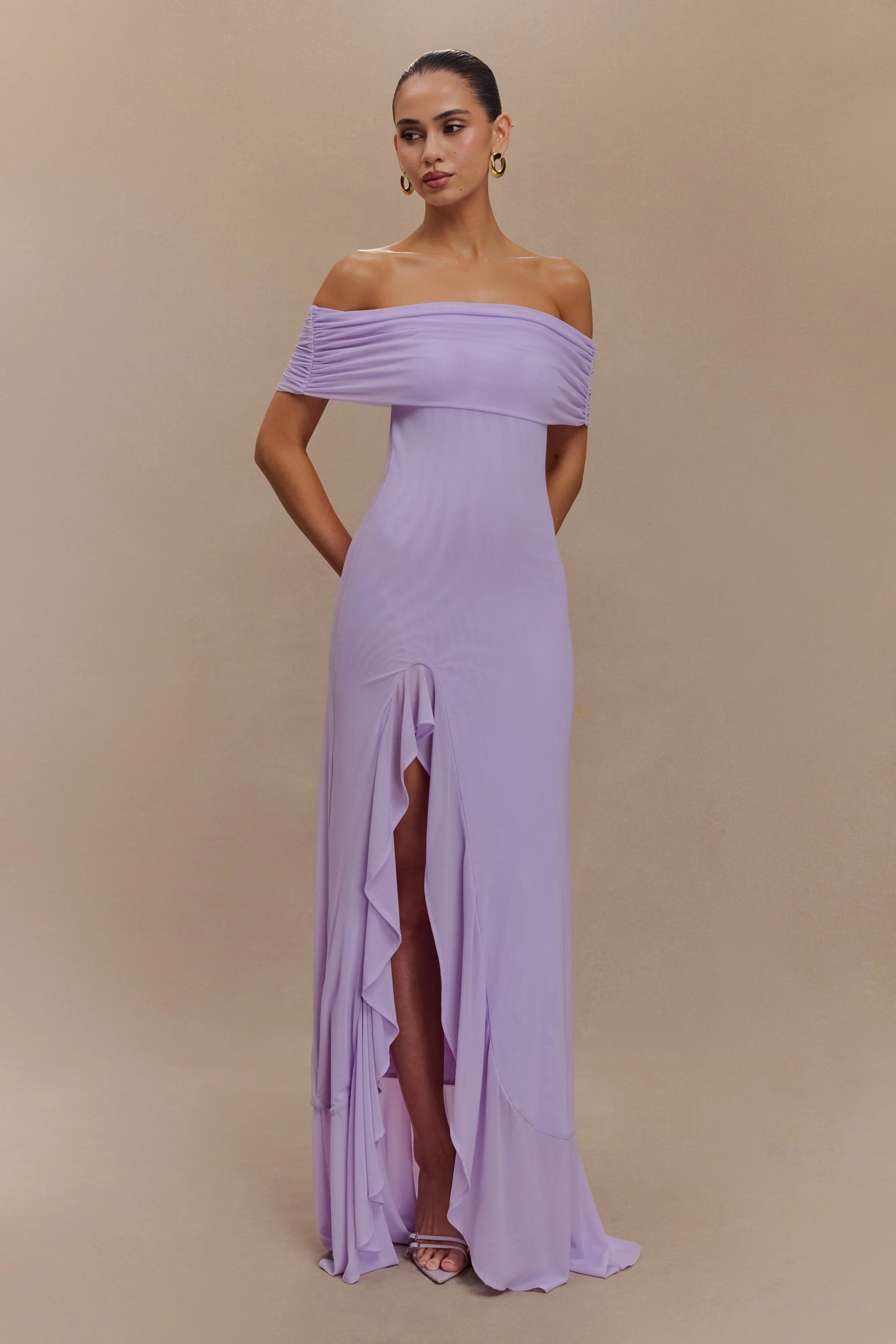 Audrey Off Shoulder Mesh Maxi Dress Lilac