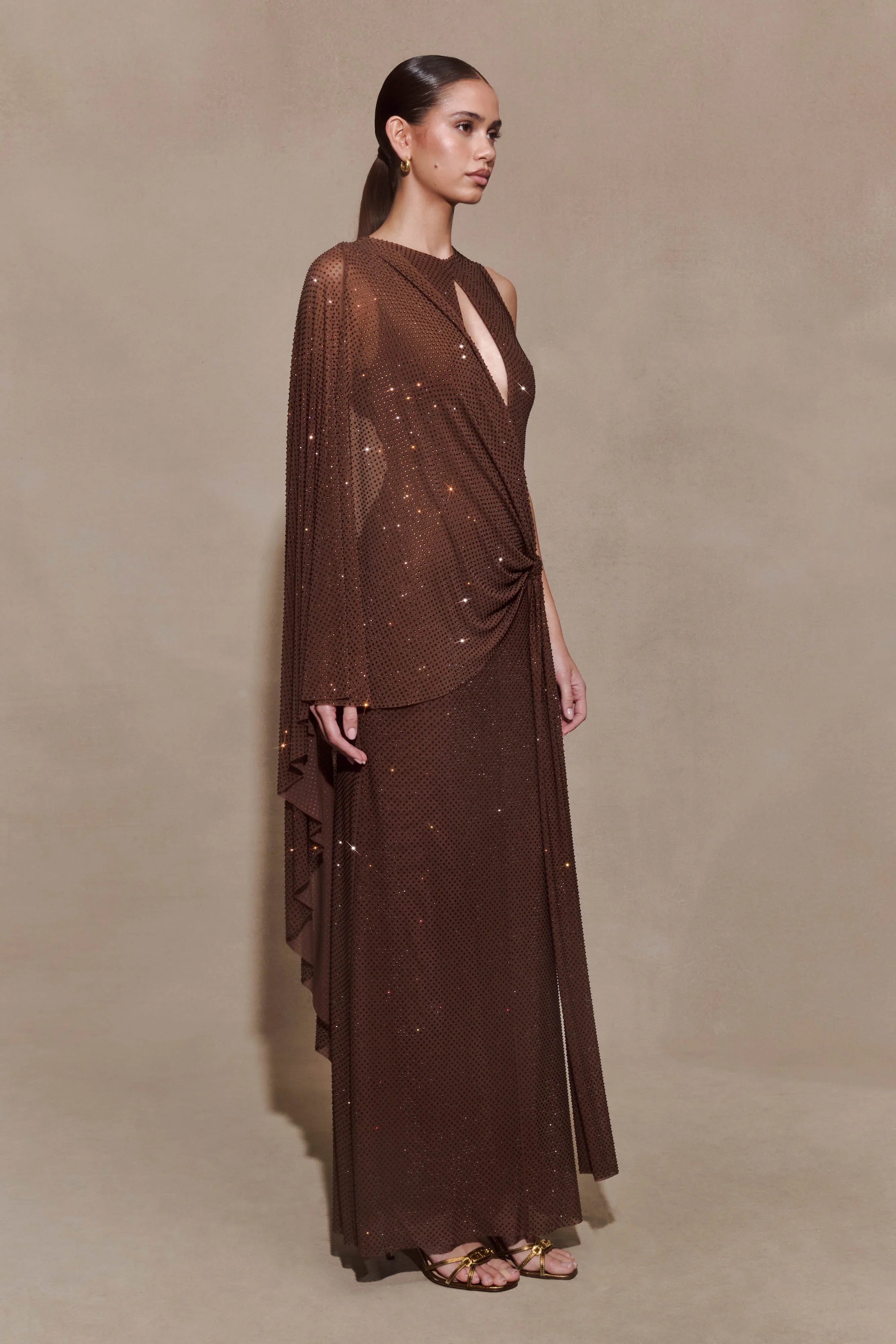 Bakari Diamante Cape Maxi Dress Chocolate