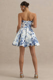 Fiorenza Blue Porcelain Print Bandeau Mini Dress With Volume Skirt