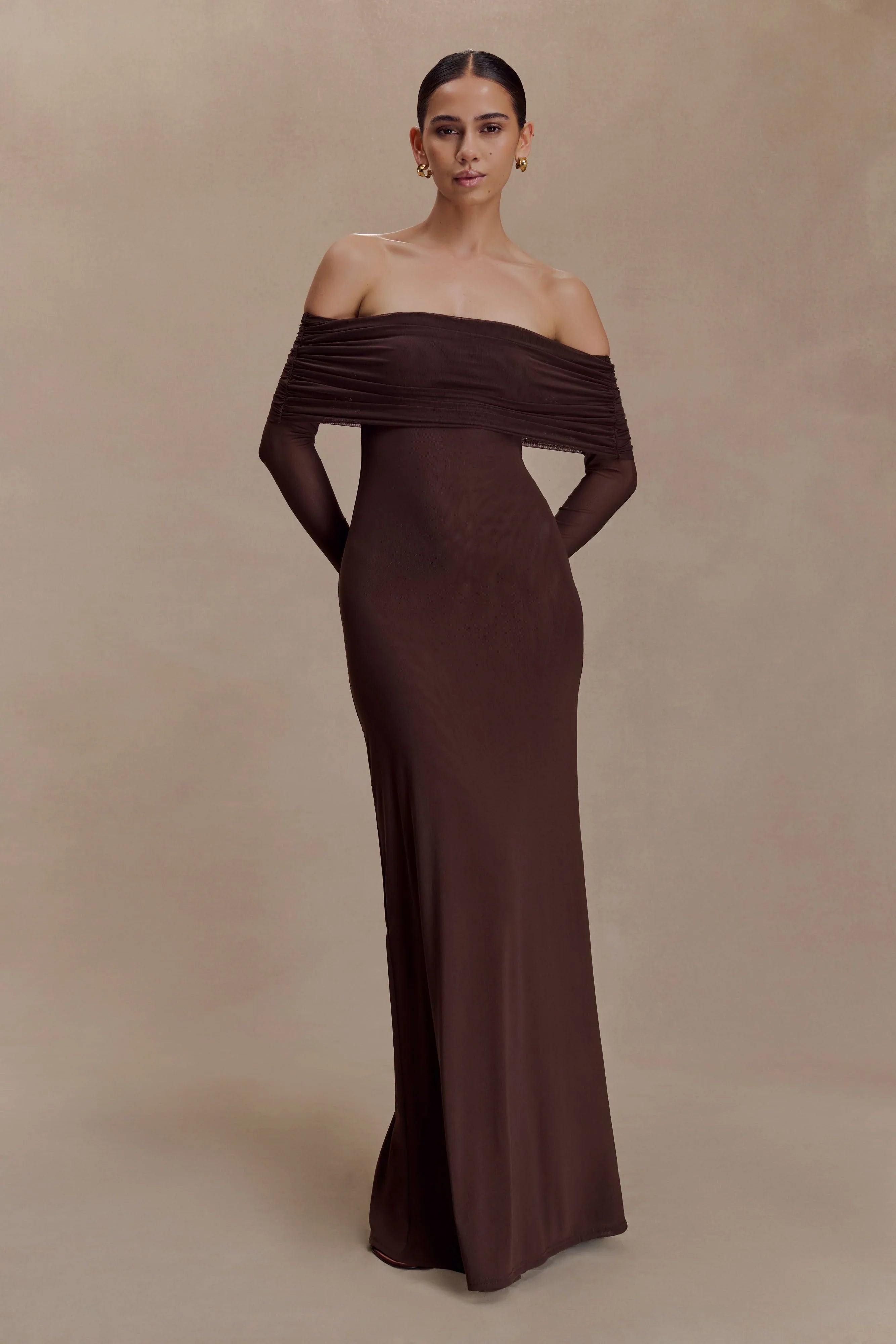 Josie Off Shoulder Mesh Maxi Dress Dark Brown