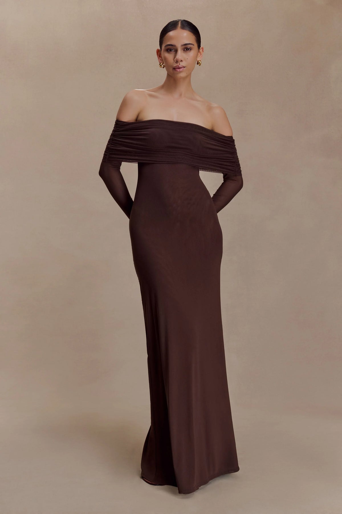 Josie Off Shoulder Mesh Maxi Dress Dark Brown