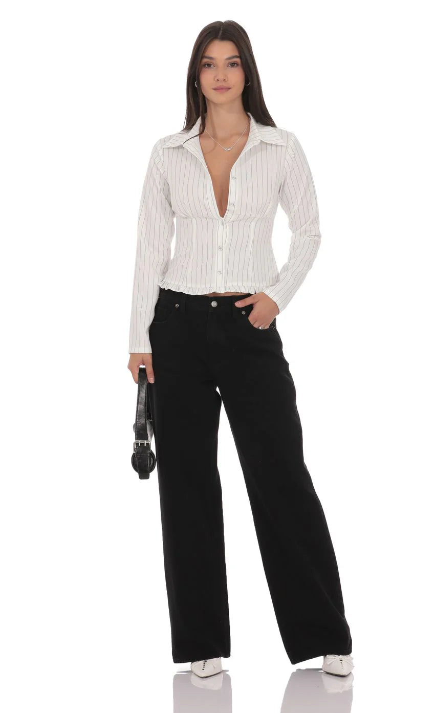 Pinstripe Ruffle Hem Button Up Shirt in White