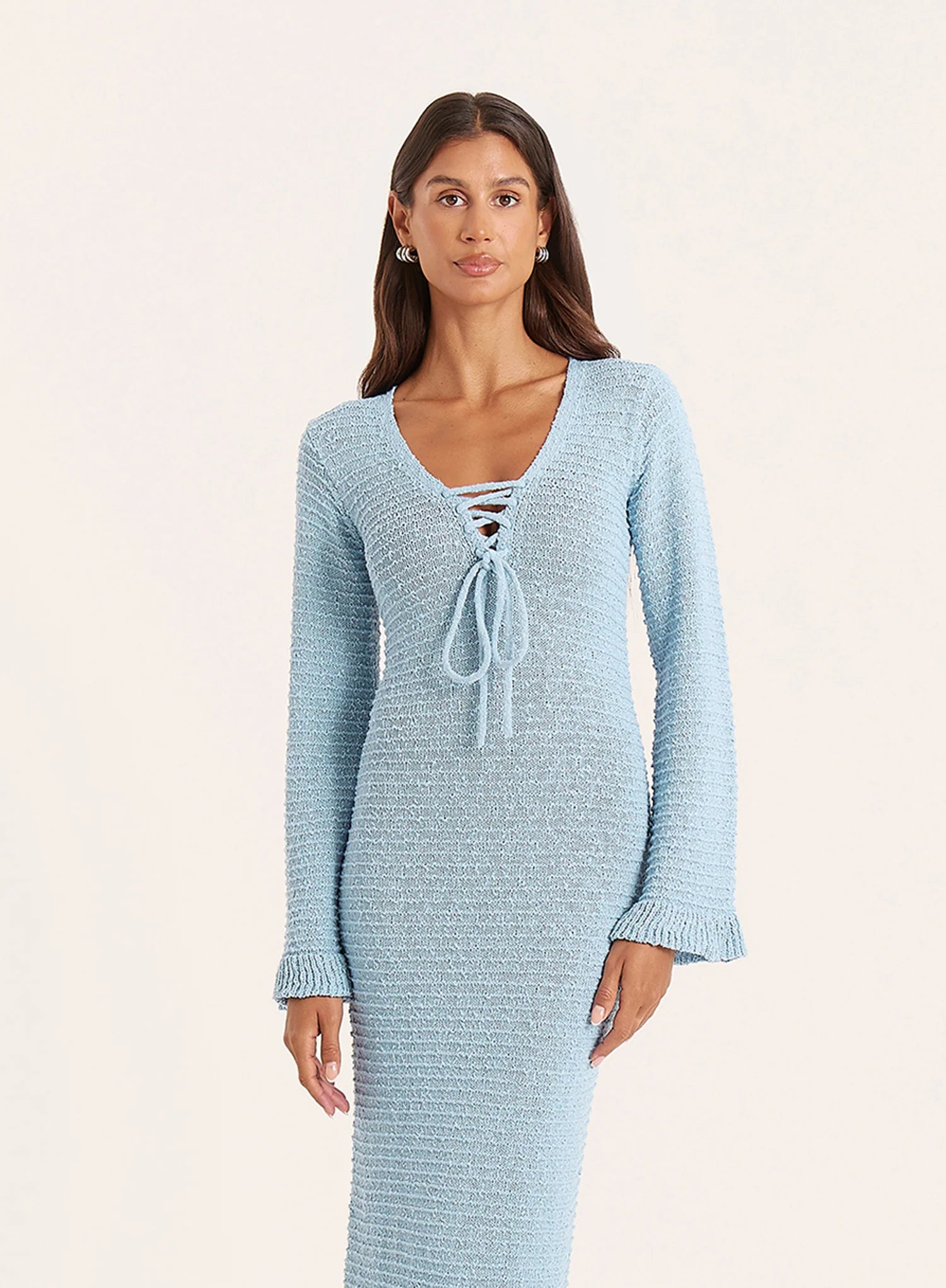 Blue Knitted Tie Front Maxi Dress