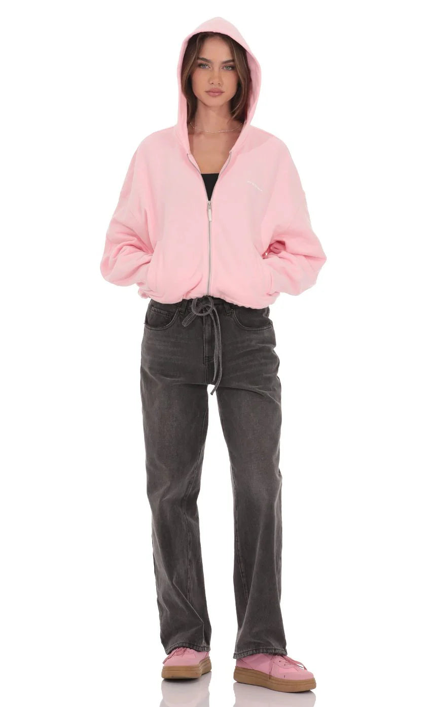 Cropped Fleece Zip Up Hoodie in Pink