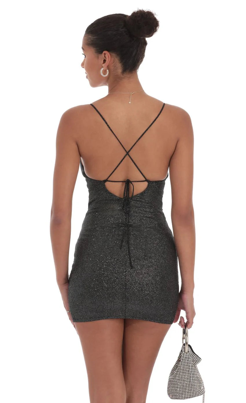 Shimmer Ruched Cross Back Dress in Black