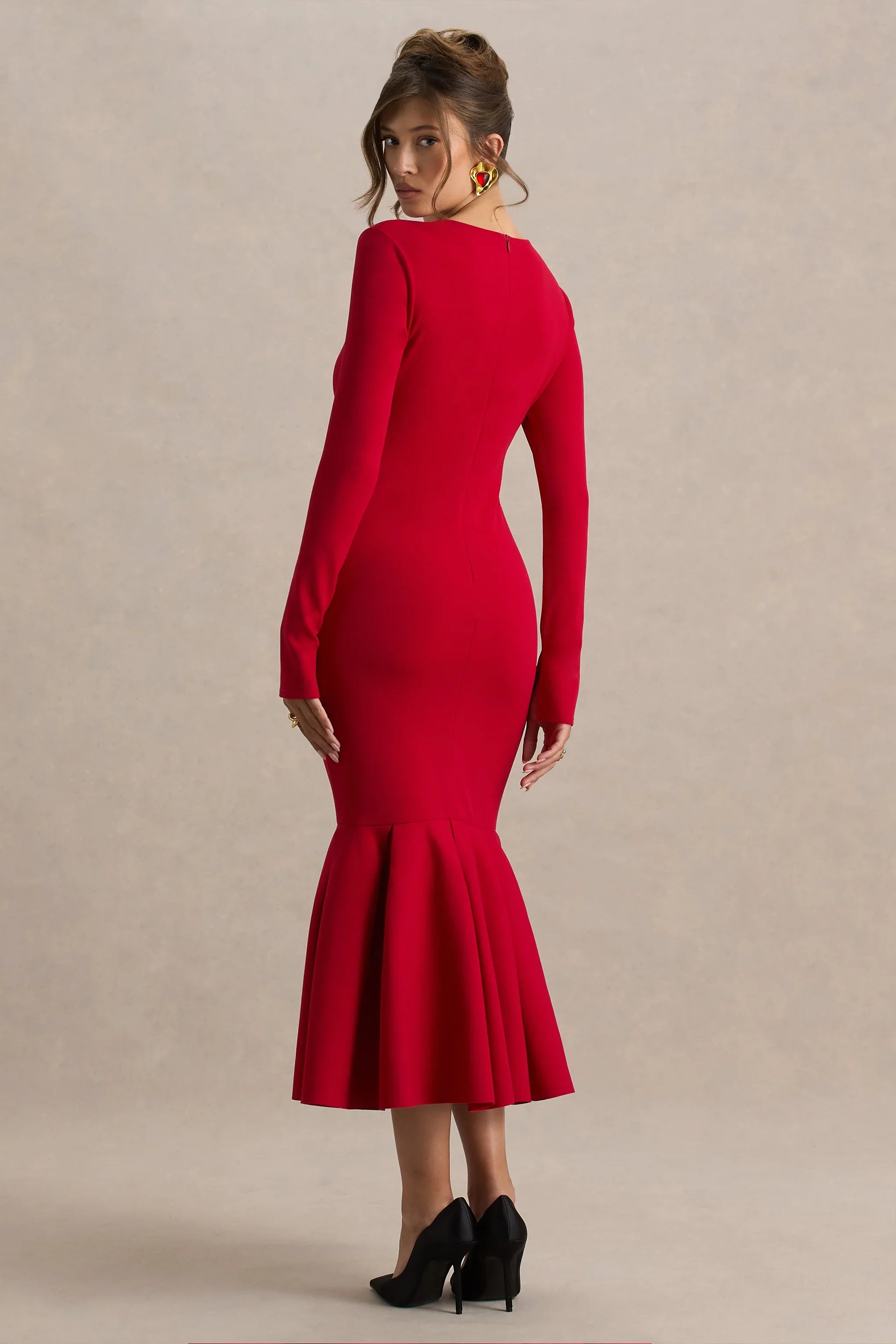 Liberty Red High Neck Mermaid Midi Dress With Ruffling Detail