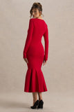 Liberty Red High Neck Mermaid Midi Dress With Ruffling Detail