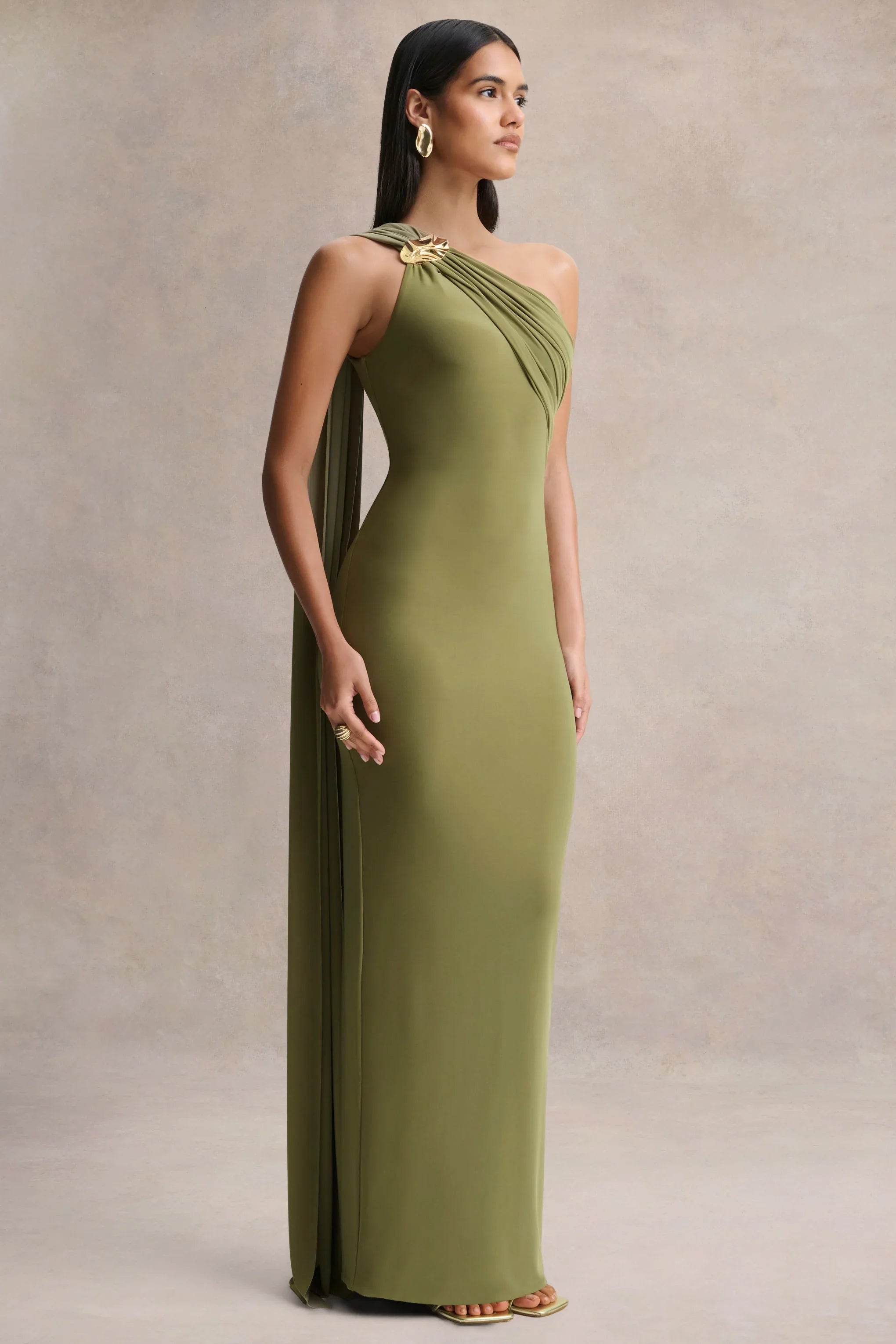 Mandy Olive Asymmetric Neck Maxi Dress With Gold Detail