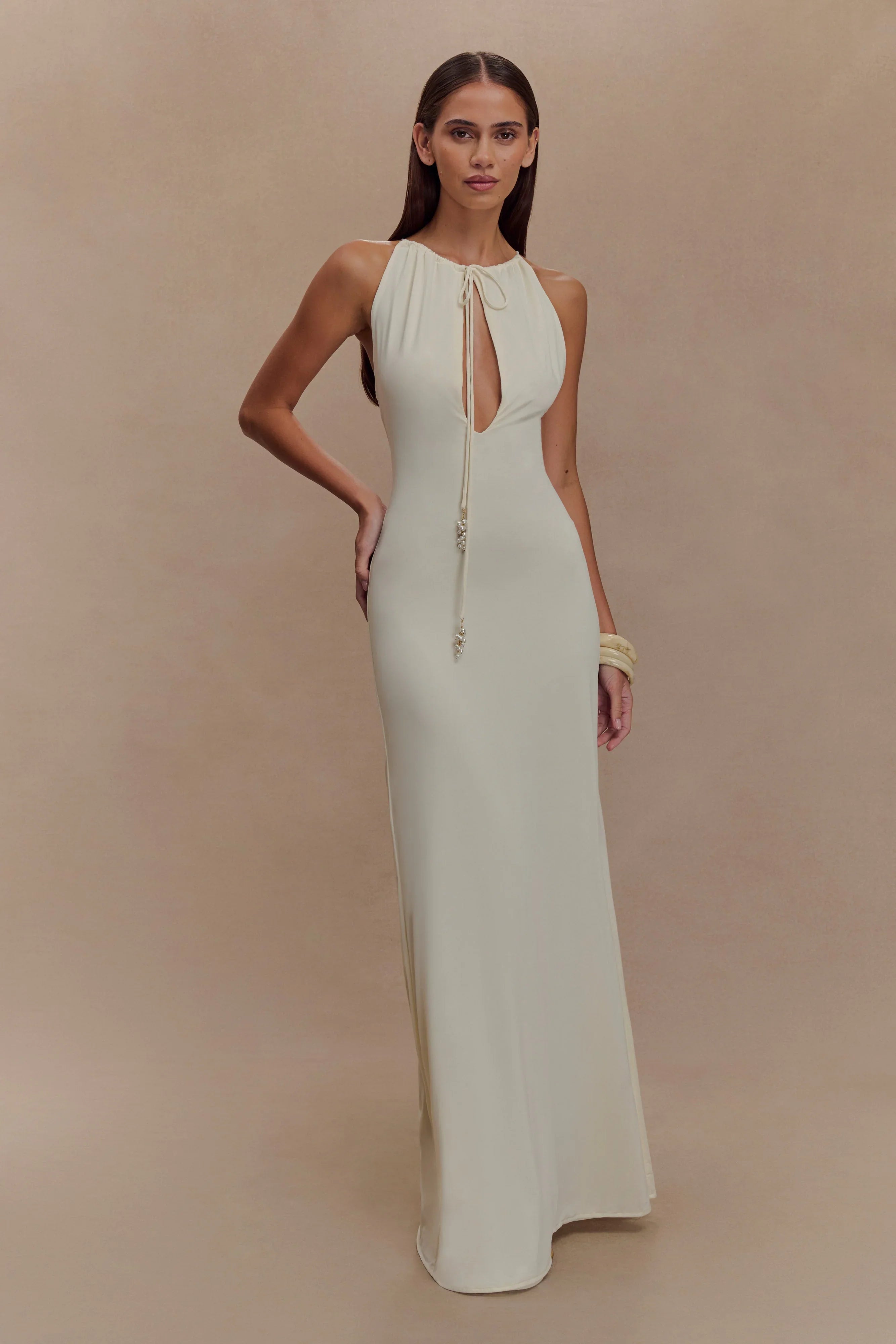 Beryl Slinky Maxi Dress With Pearls Ivory