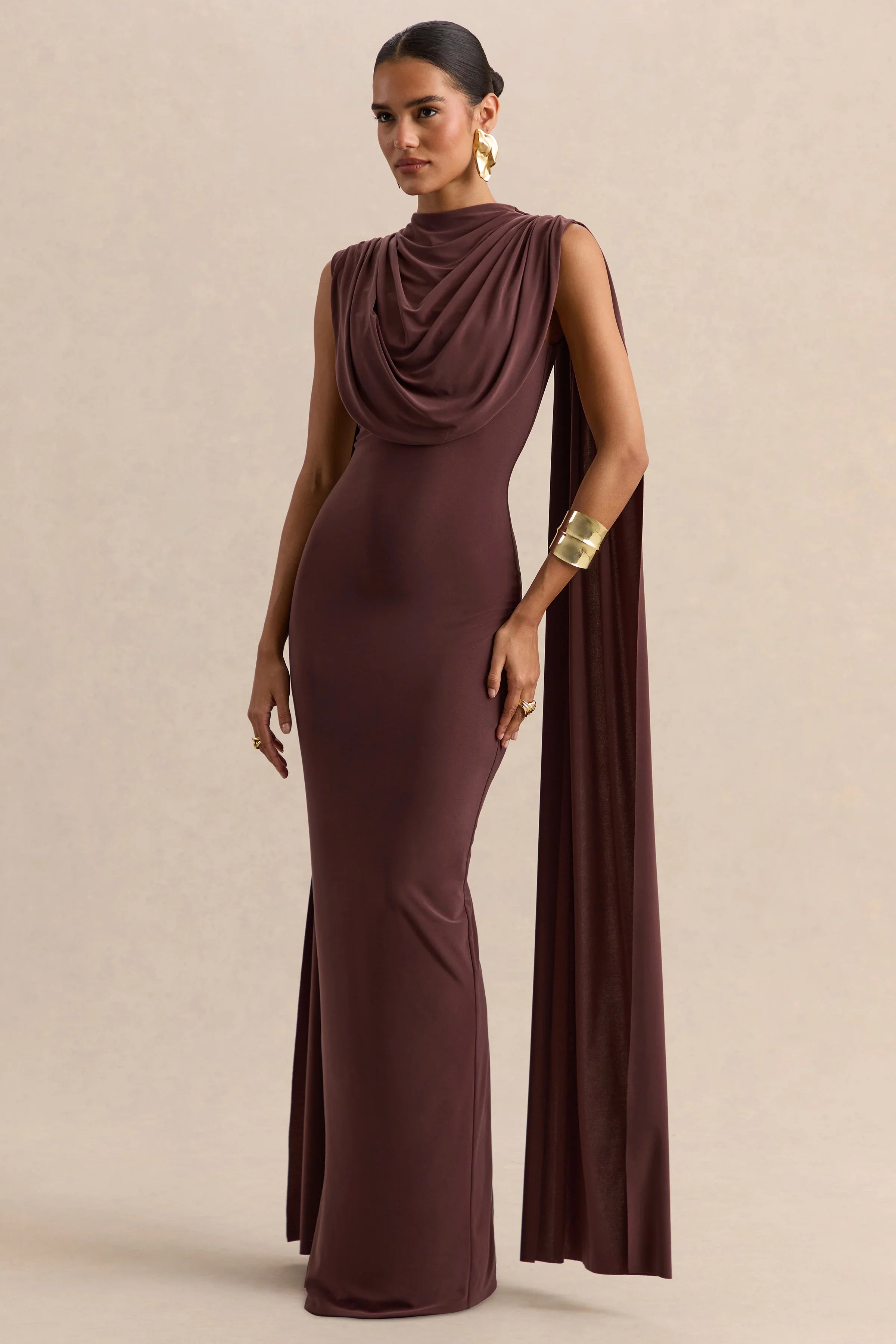 Patrina Brown High Neck Maxi Dress With Draped Detailing And Cape Sleeves
