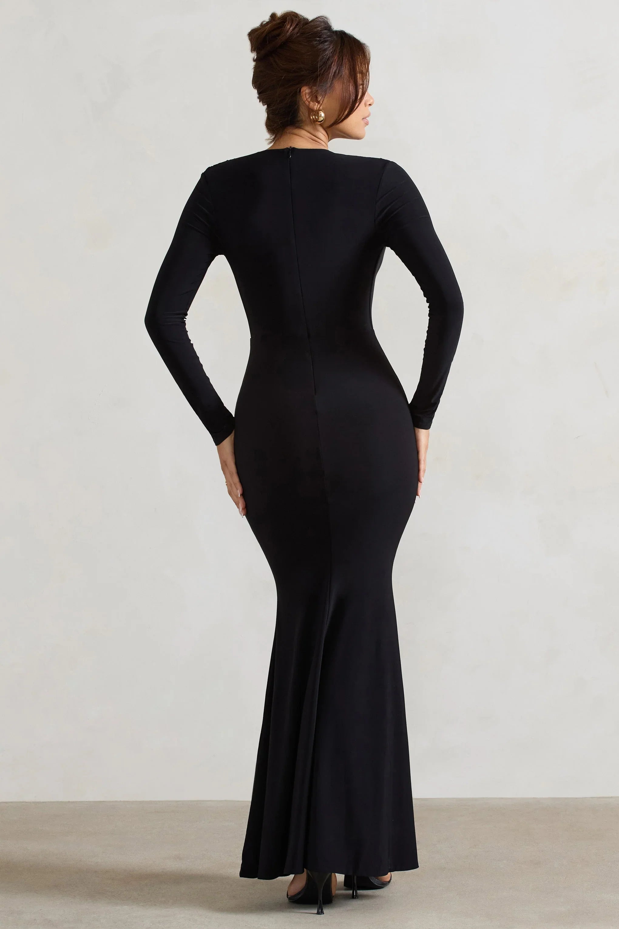Heavy Heart Black Cowl Neck Long Sleeve Maxi Dress