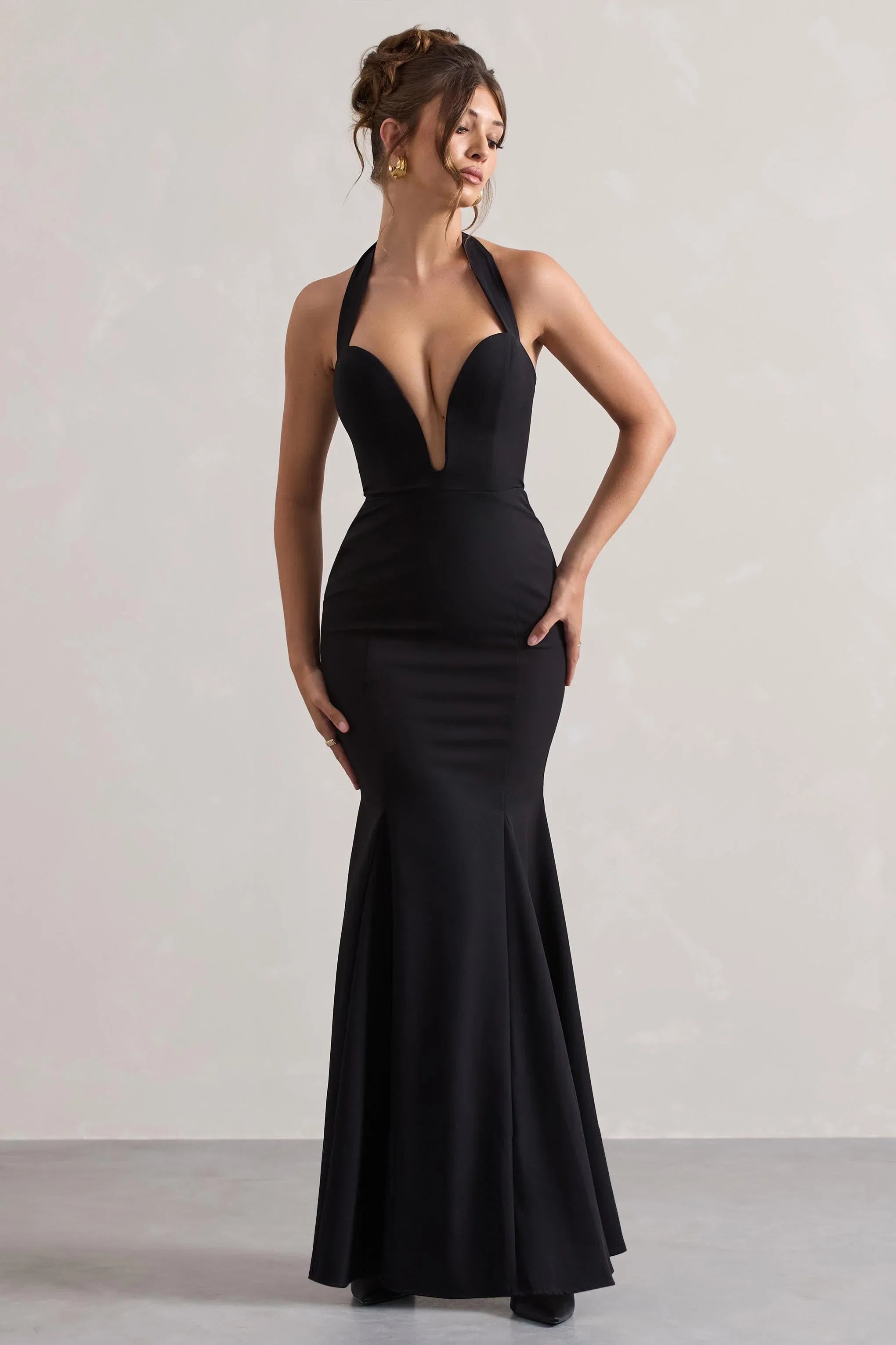 Plaza Black Plunge Halter Neck Fishtail Maxi Dress