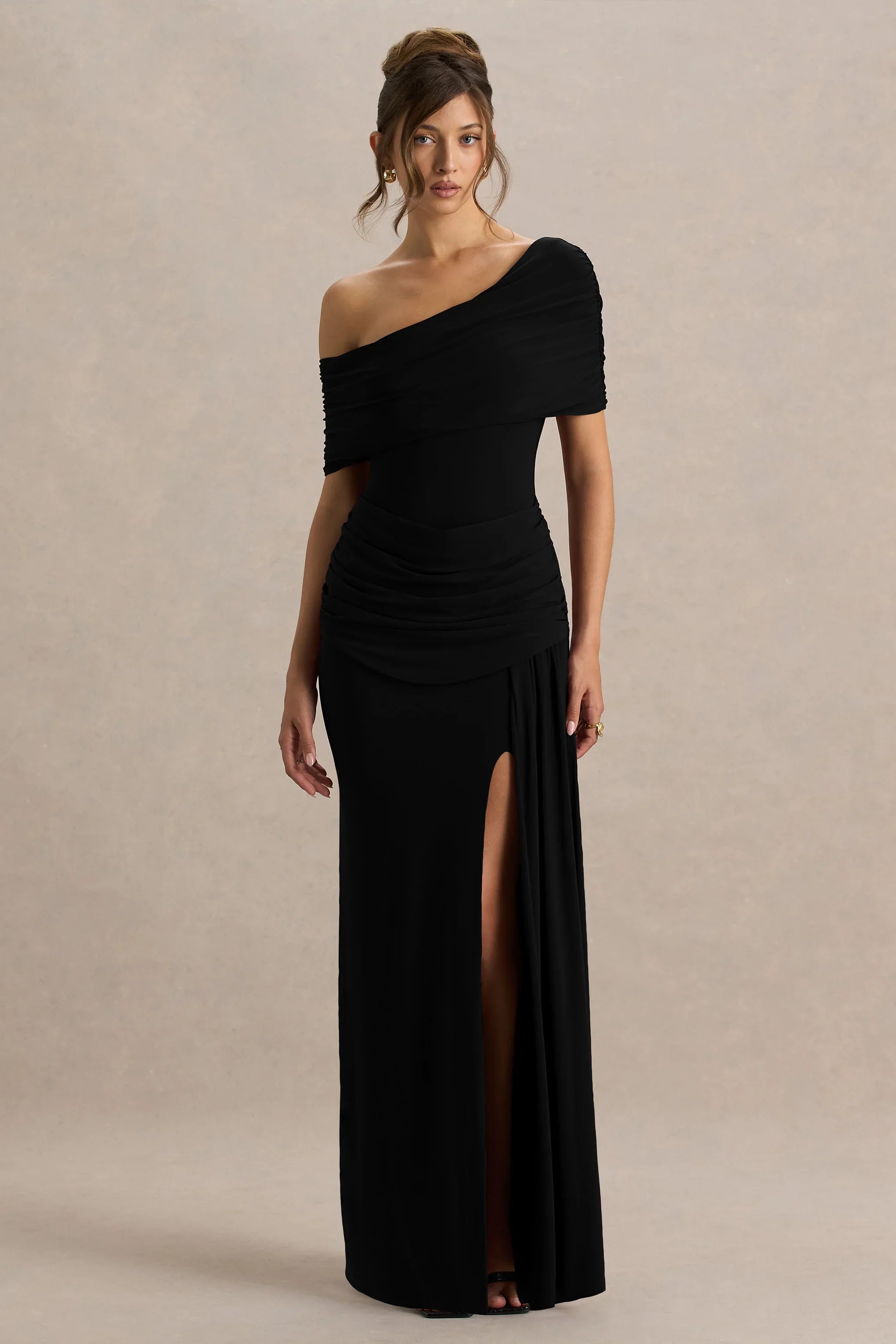 Dynasty Black Asymmetric Neck Maxi Dress With Ruched Detailing And Front High Split