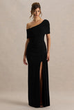 Dynasty Black Asymmetric Neck Maxi Dress With Ruched Detailing And Front High Split