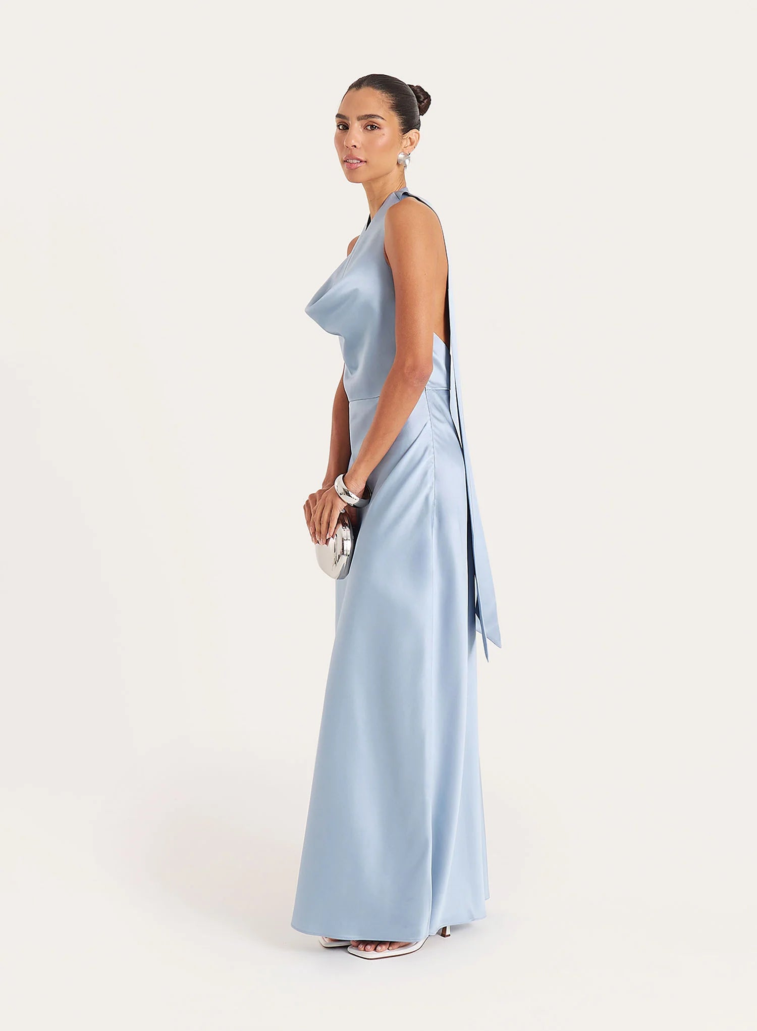 Light Blue Satin Cowl Neck Maxi Dress