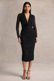 Griselda Black Plunge Neck Midi Dress With Sheer Long Sleeves