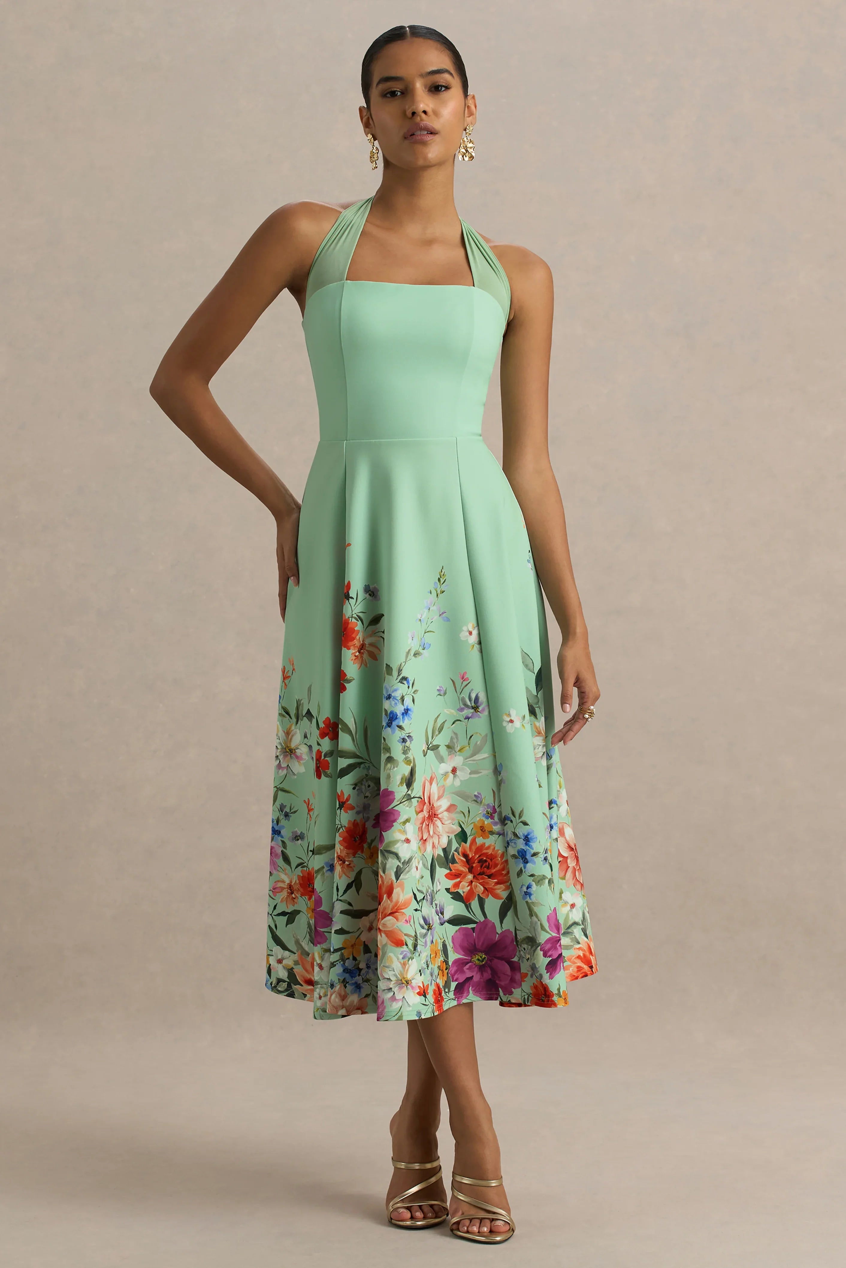 Auburn Mint Placement Floral Halter Neck Midi Dress