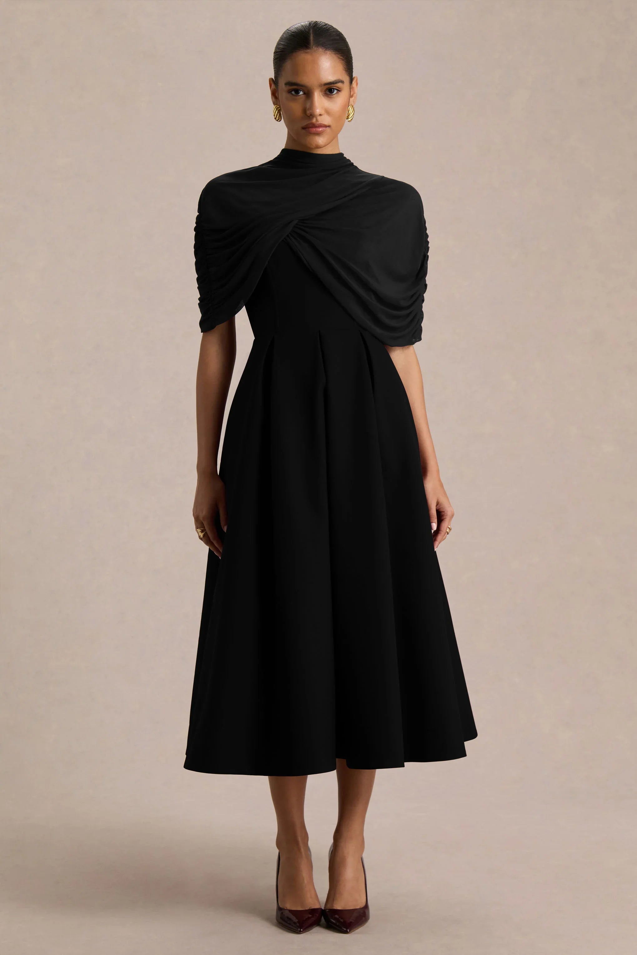 Thalia Black High Neck Midi Dress With Sheer Mesh Cape