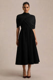 Thalia Black High Neck Midi Dress With Sheer Mesh Cape