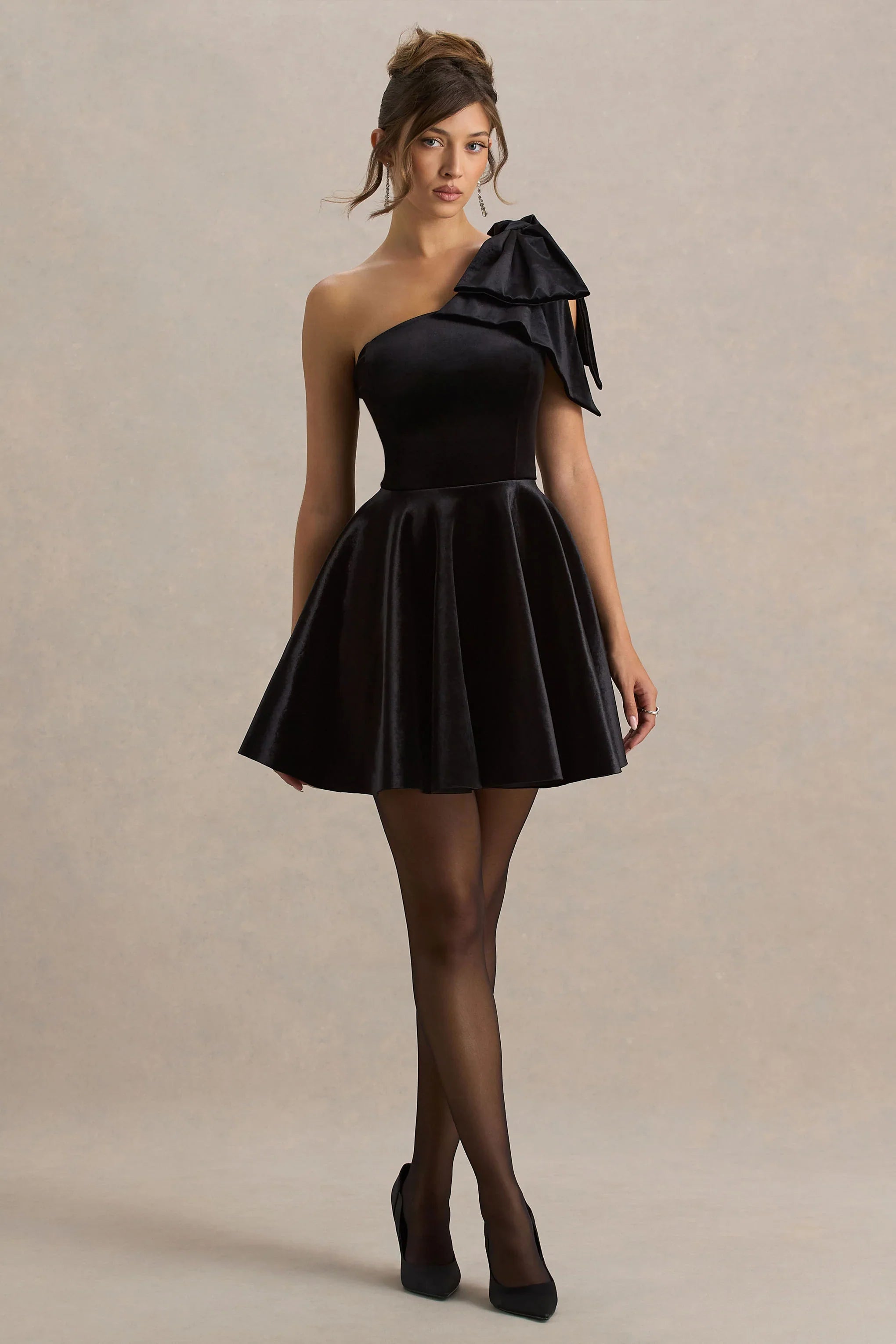 Keeley Black Asymmetric Neck Velvet Mini Dress With Bow Detail