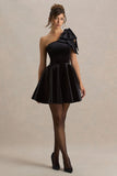 Keeley Black Asymmetric Neck Velvet Mini Dress With Bow Detail