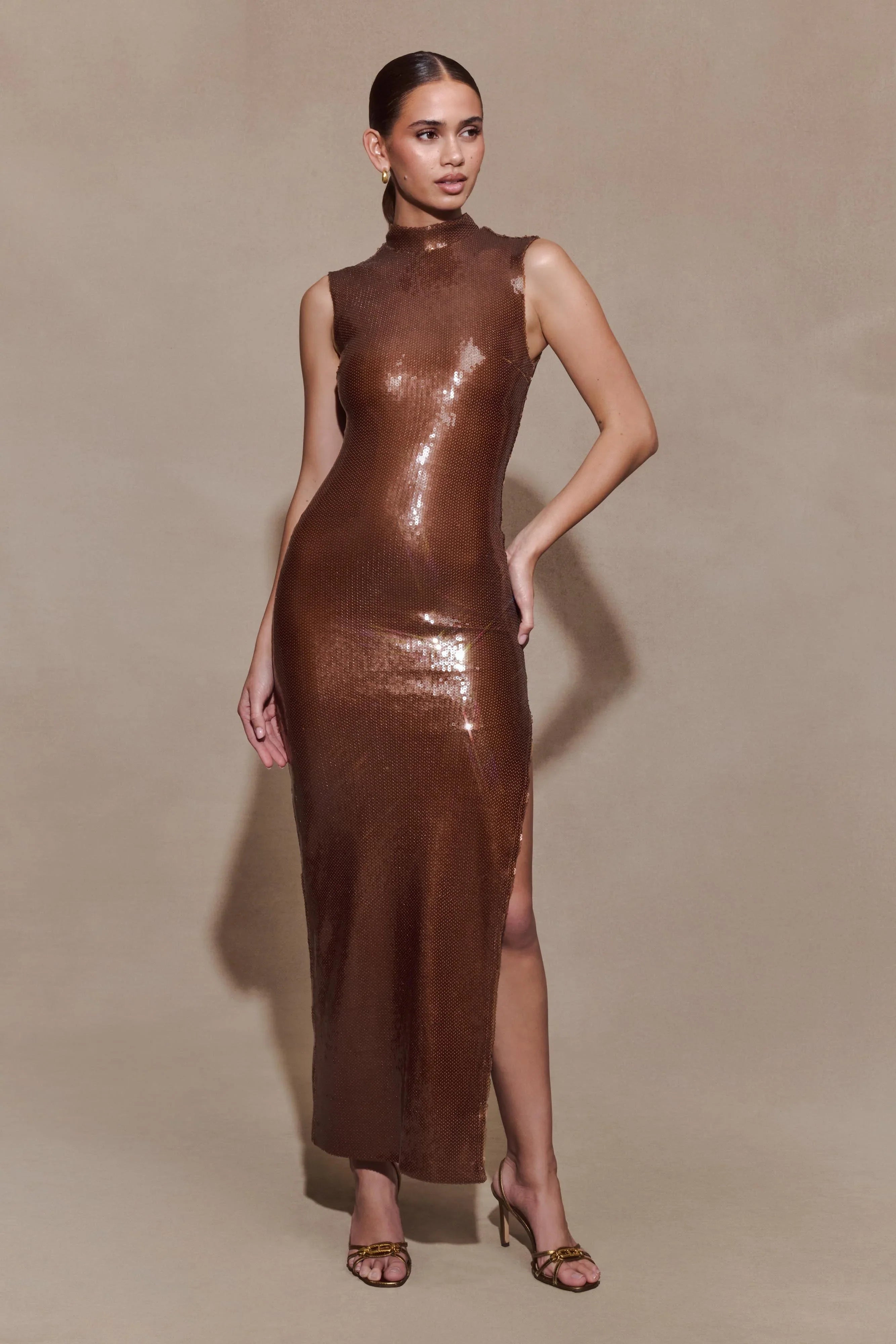 Veronica Sequin Midi Dress Chocolate