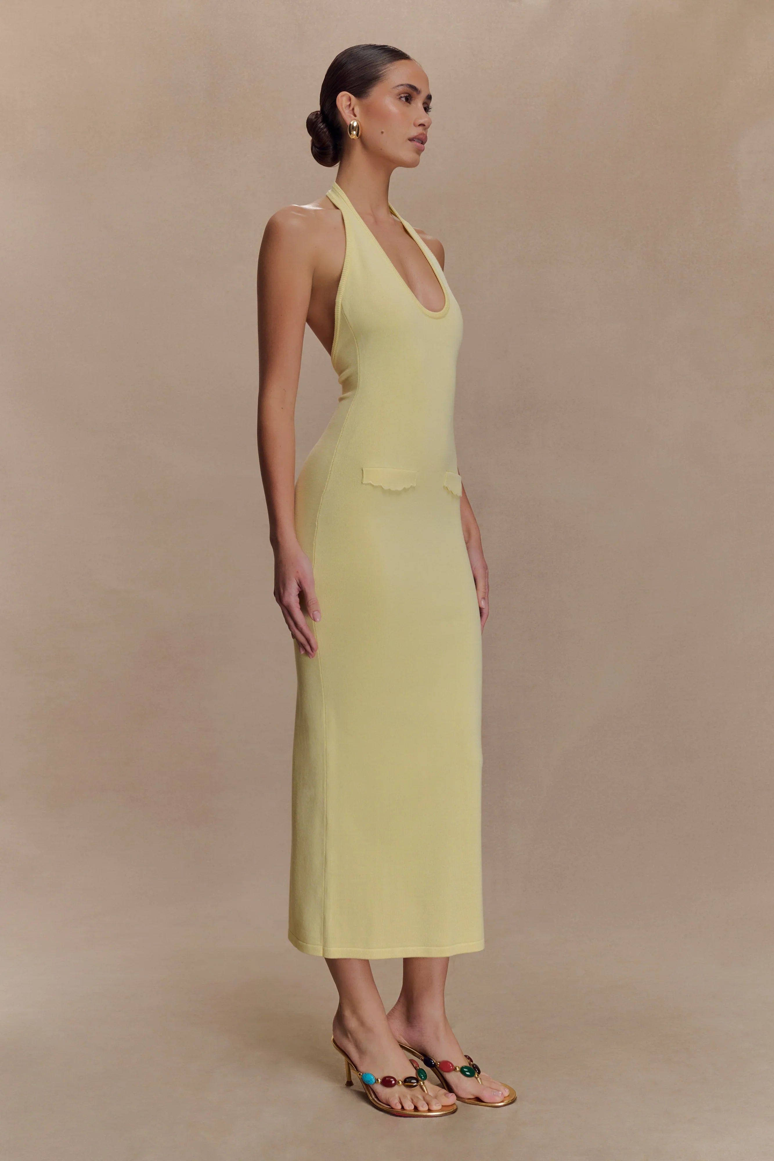 Ovina Halter Neck Knit Midi Dress Lemon