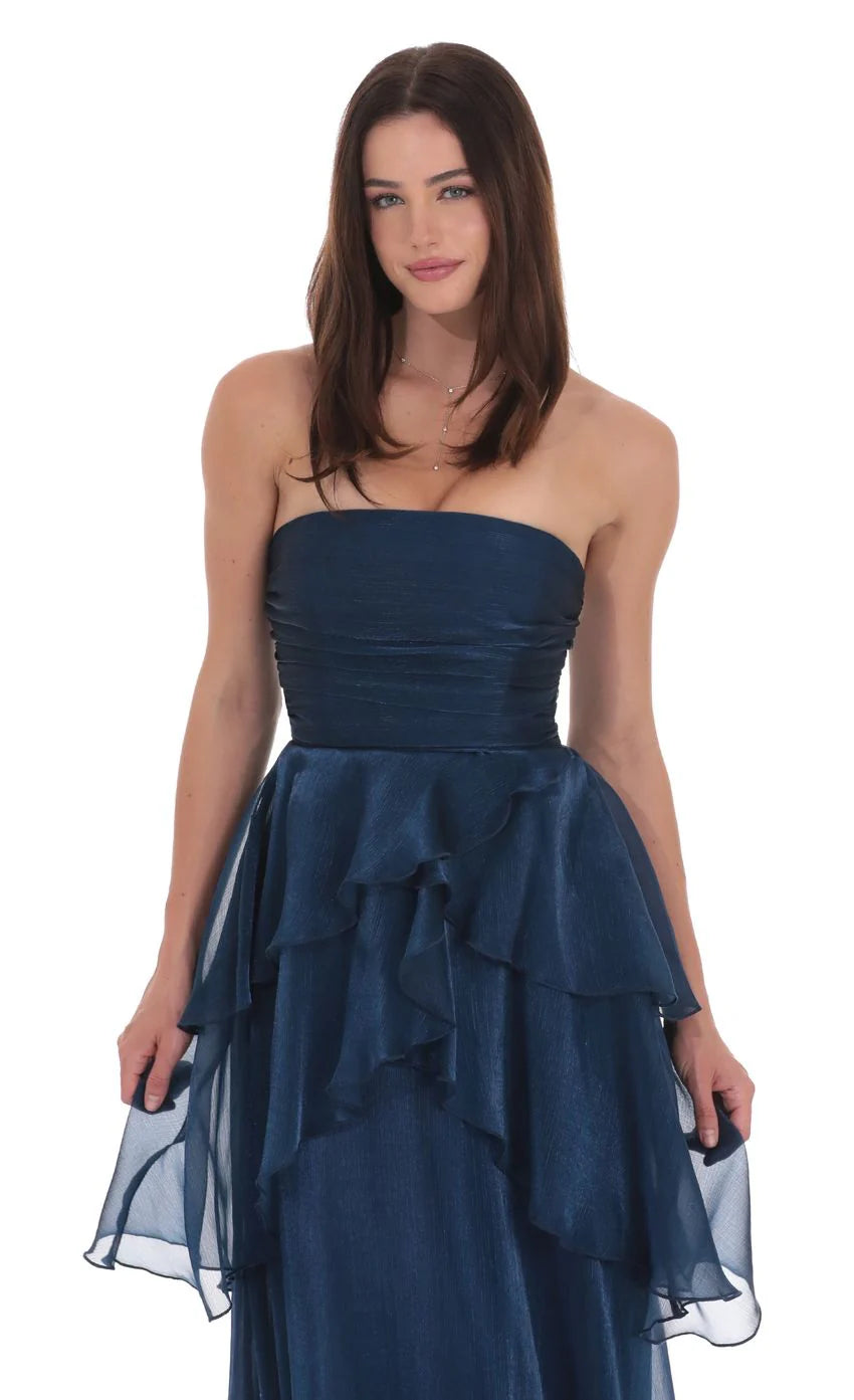 Corset Petal Ruffle Strapless Maxi Dress in Navy