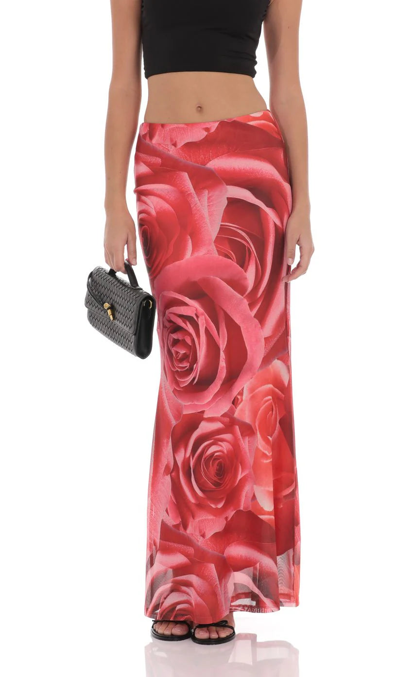 Mesh Rose Maxi Skirt in Red