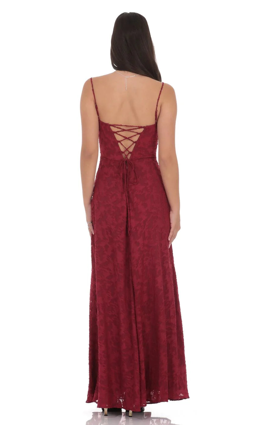 Burnout Lace Up Maxi Dress in Maroon