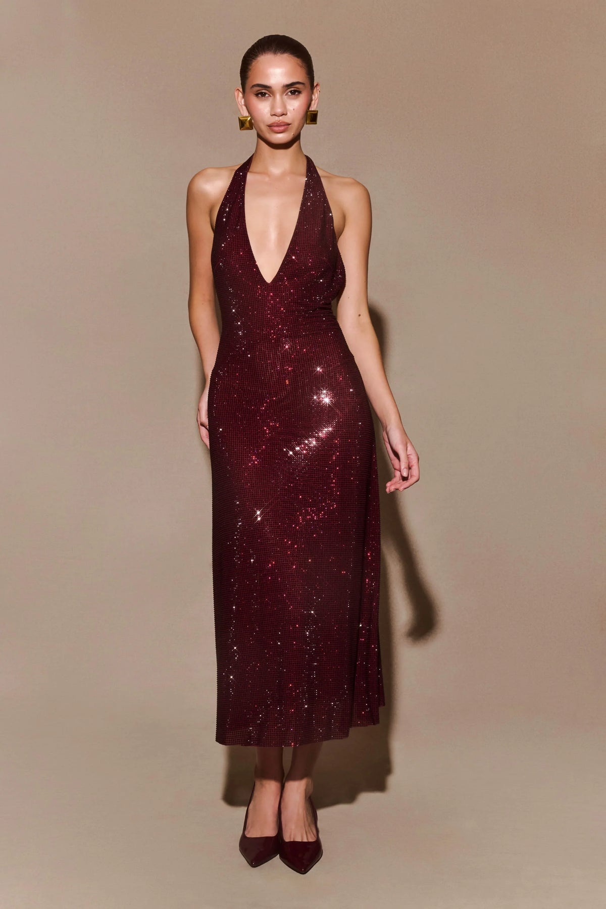 Genie Diamante Halter Midi Dress Mahogany