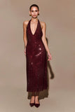 Genie Diamante Halter Midi Dress Mahogany